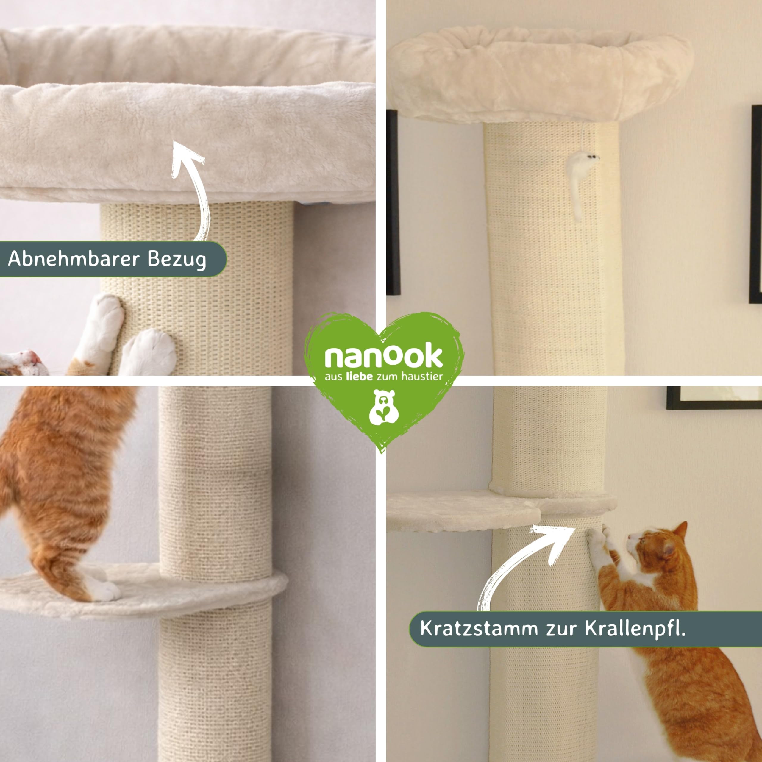 nanook Wandkratzbaum Kratzbaum Stella 186 cm - Katzenbett und Sisalsäulen - Wandmontage - beige