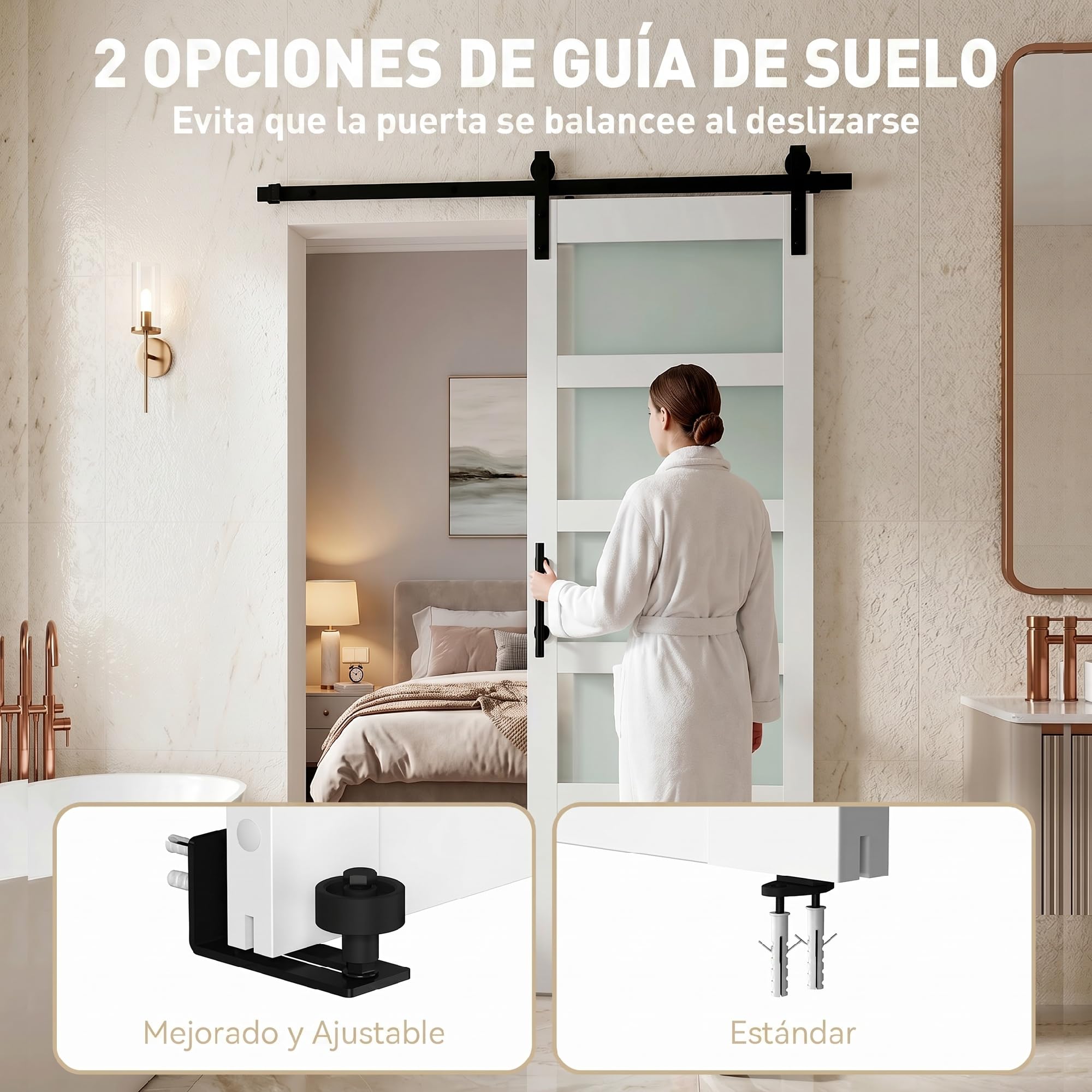 HOMCOM Puerta Corredera con Herrajes 71x213 cm Interior para Baño Blanco | MDF y Vidrio Esmerilado, Rodillo, Riel, Guía de Suelo, para Salón, Sala de Estar