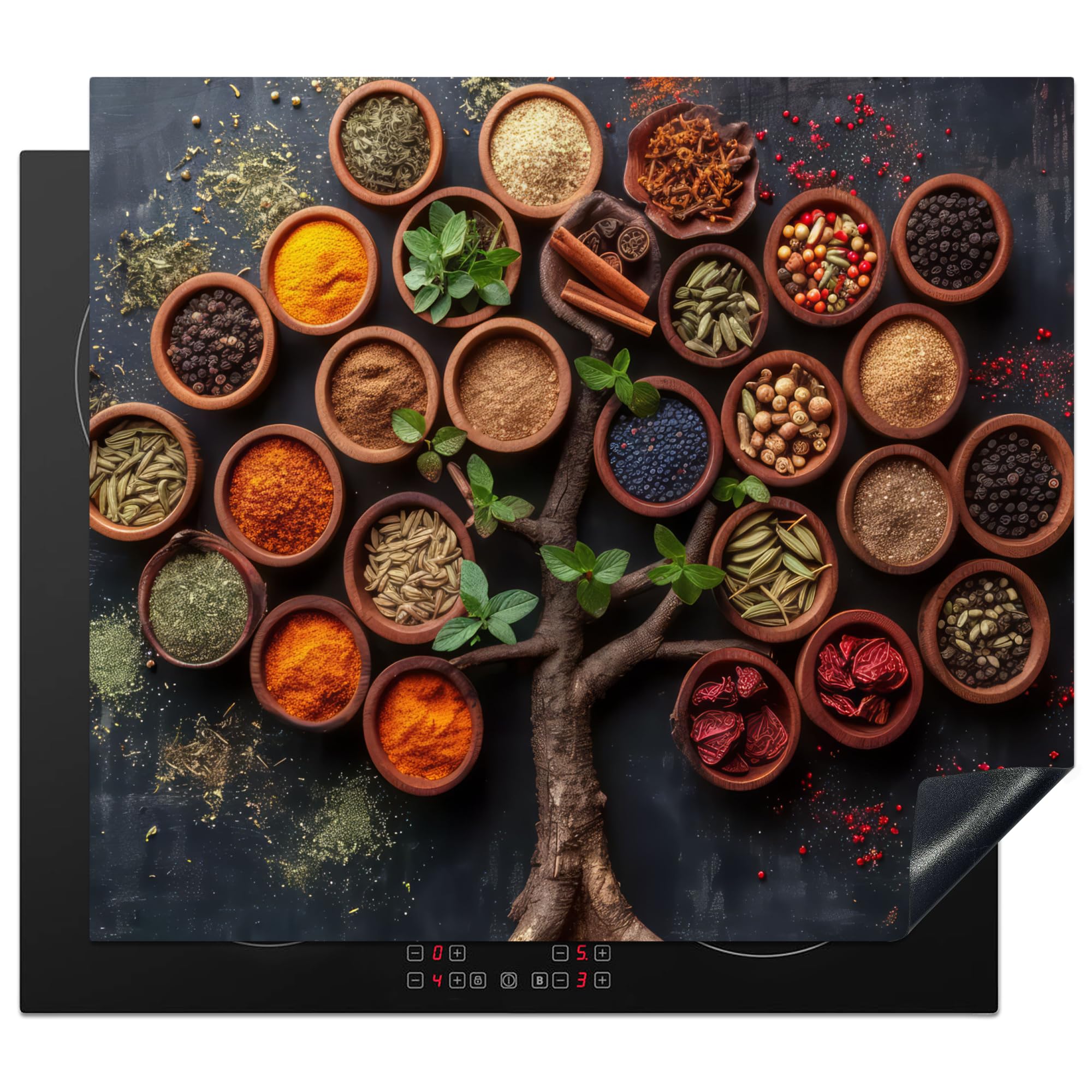KitchenYeah© Herdabdeckplatte Einteilig Herdabdeckung Abdeckplatte für Ceranfeld Abdeckung Induktionskochfeld Aufrollbare Matte Kräuter - Baum des Lebens - Küche - Kochen - 59x52 cm