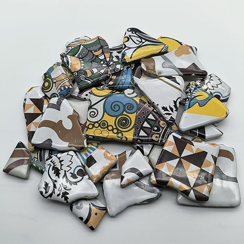 Miniatura 8 de EDFLIFE Azulejos de cerámica esmaltada para manualidades, azulejos de mosaico de porcelana irregulares para manualidades, 17.99 oz con patrón de