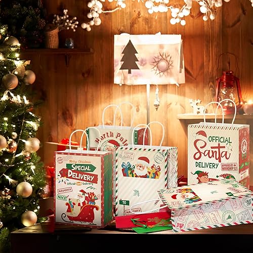 Miniatura 6 de Zonon 24 bolsas de papel de estraza de papel de estraza para Navidad, bolsas de papel de Navidad rojas y verdes con asas, regalo de caramelos de