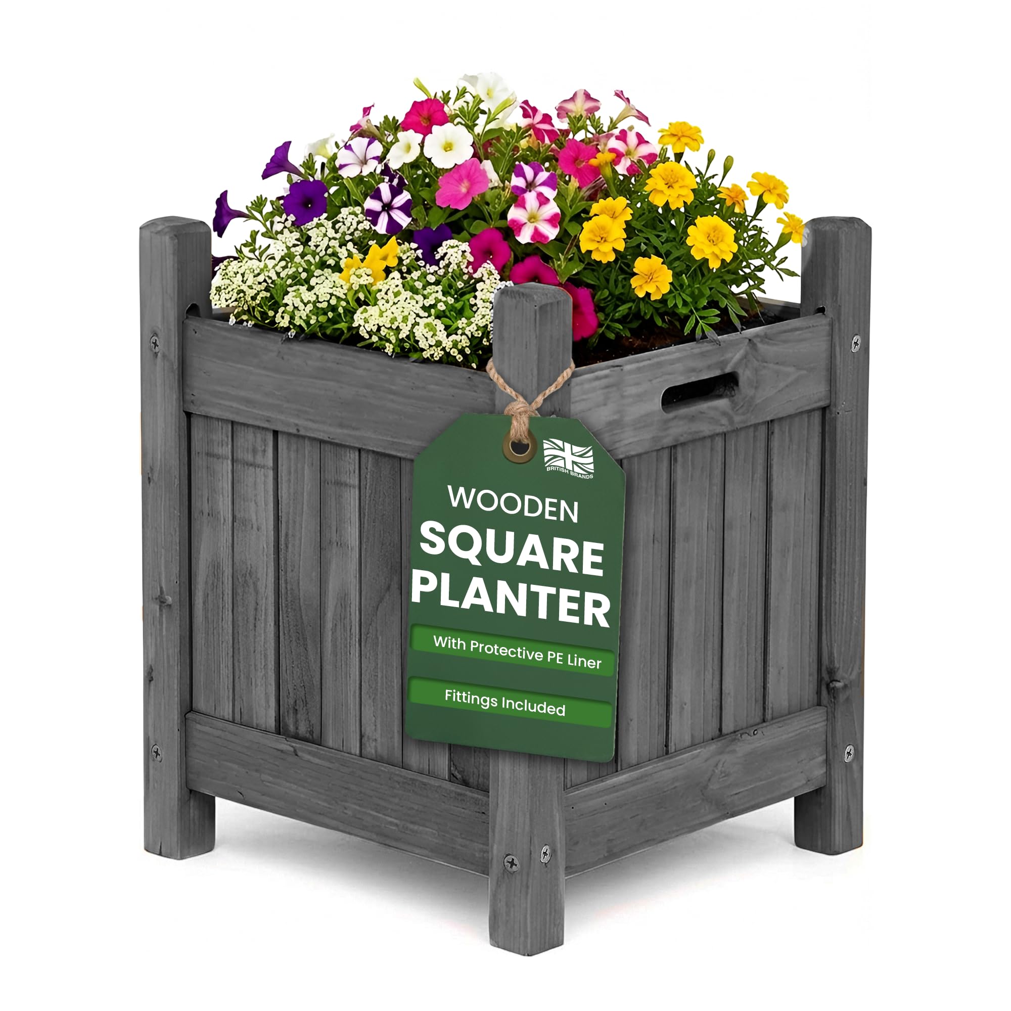My Garden Wooden Square Planter with PE Liner - 30 x 30 x 38 cm Weather Resistant Wooden Planter Box for Outdoor Use - Ideal for Patios, Gardens & Decking - Easy Assemble & UV Resistant — image 1