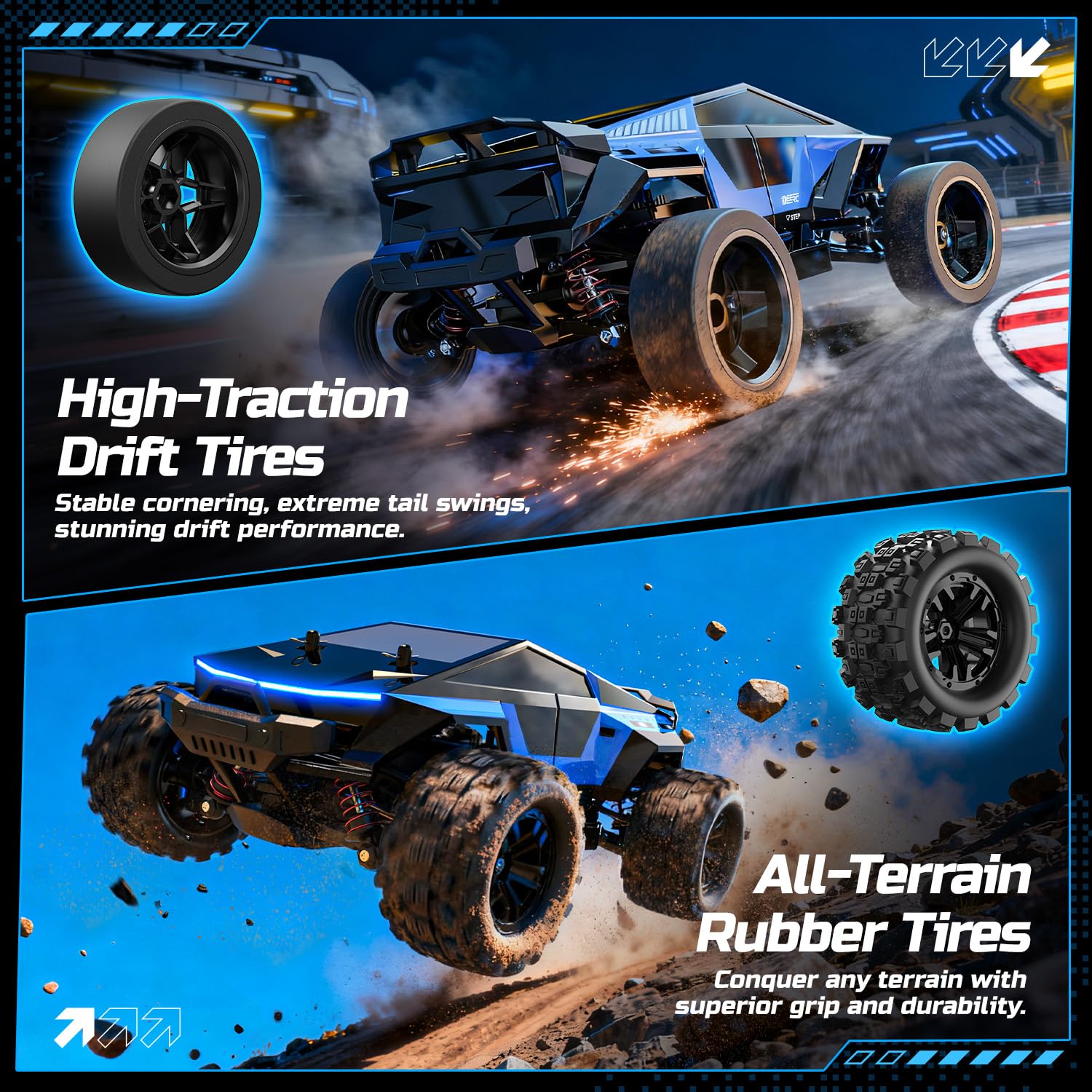 DEERC 1:18 RC Auto 40KM/H, Schnelles ferngesteuertes Drift & Rennfahrzeug, 2,4GHz wasserdichtes Offroad Car mit 2 Akkus & Driftreifen für Kinder & Erwachsene