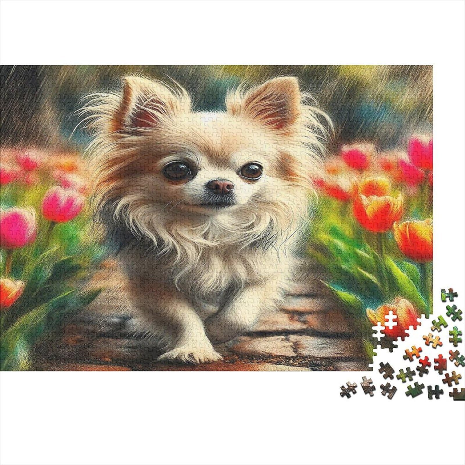 Chihuahua Flower Adult Jigsaws Stone Path Puppy Jigsaw 1000Pc Recycled Paper for Adults Decompression Educational Game Home Decor for Family 70x50cm/1000pcs