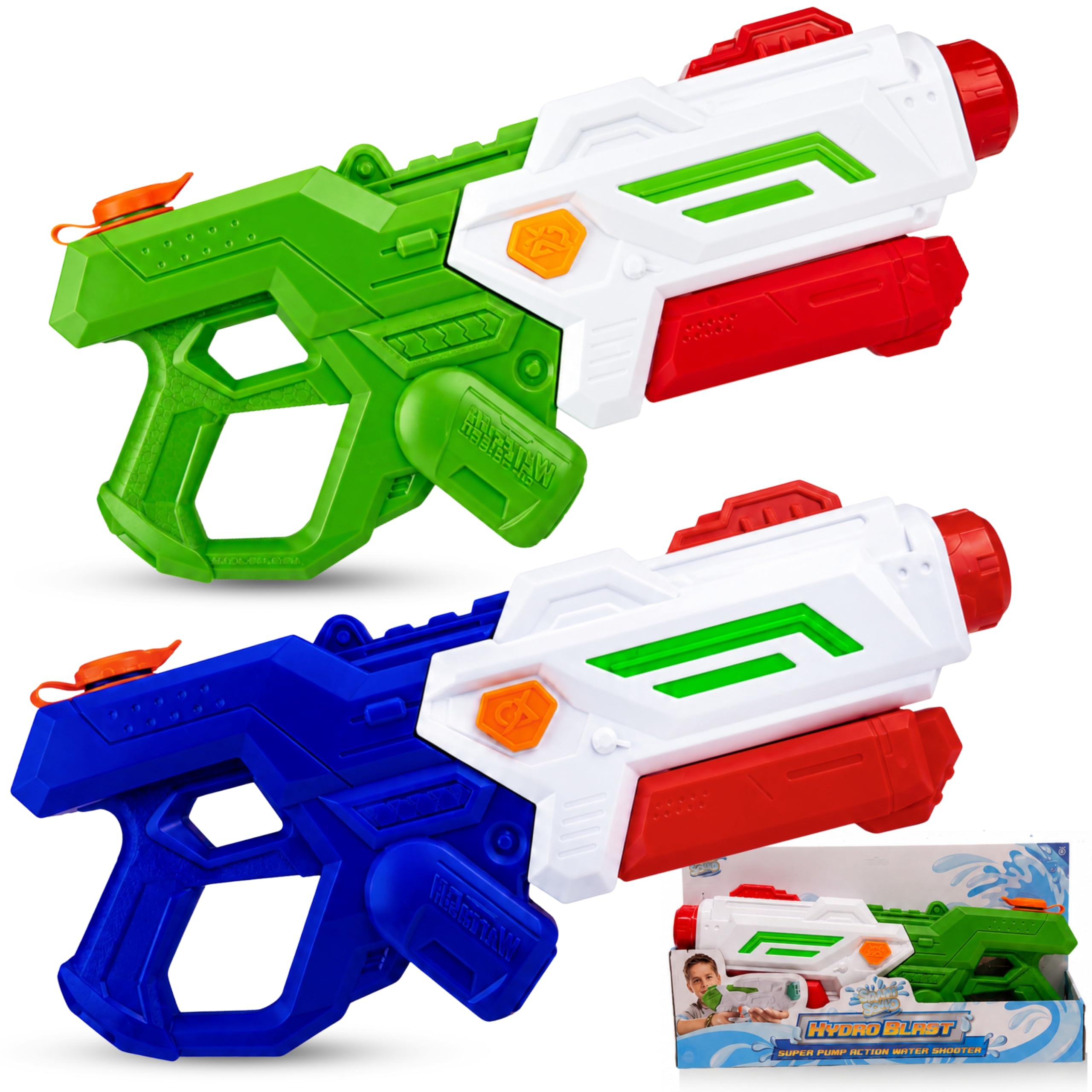 Pump Action Water Gun Toys for Kids 48cm - 2pk Powerful Water Pistols with 1100ML Large Capacity, 9-10M Super Water Soaker, XL Water Shooter for Summer Sports Beach (Green & Blue)