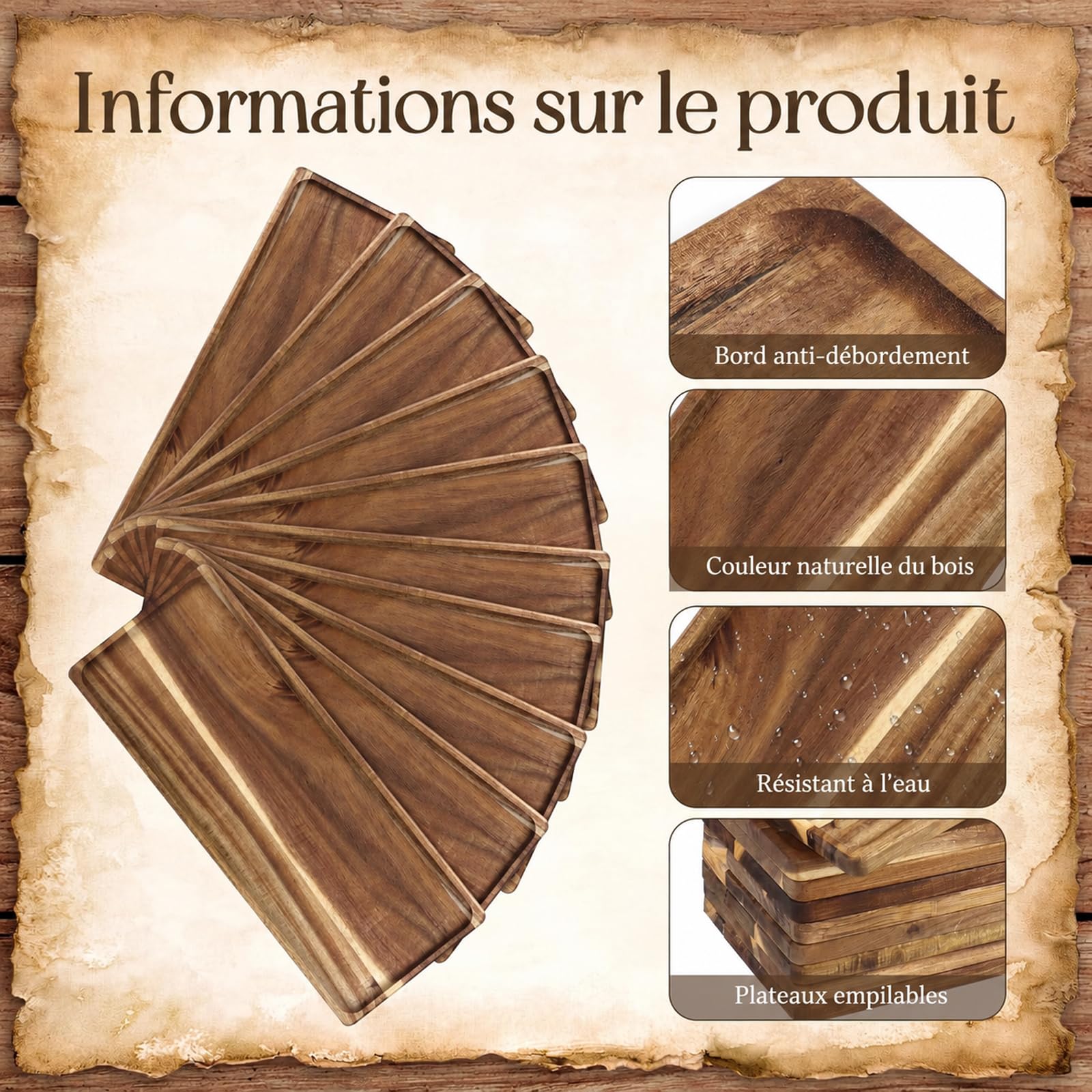 Lot de 10 Plateaux de Service Rectangulaires en Bois d'Acacia, 42 x 16 cm