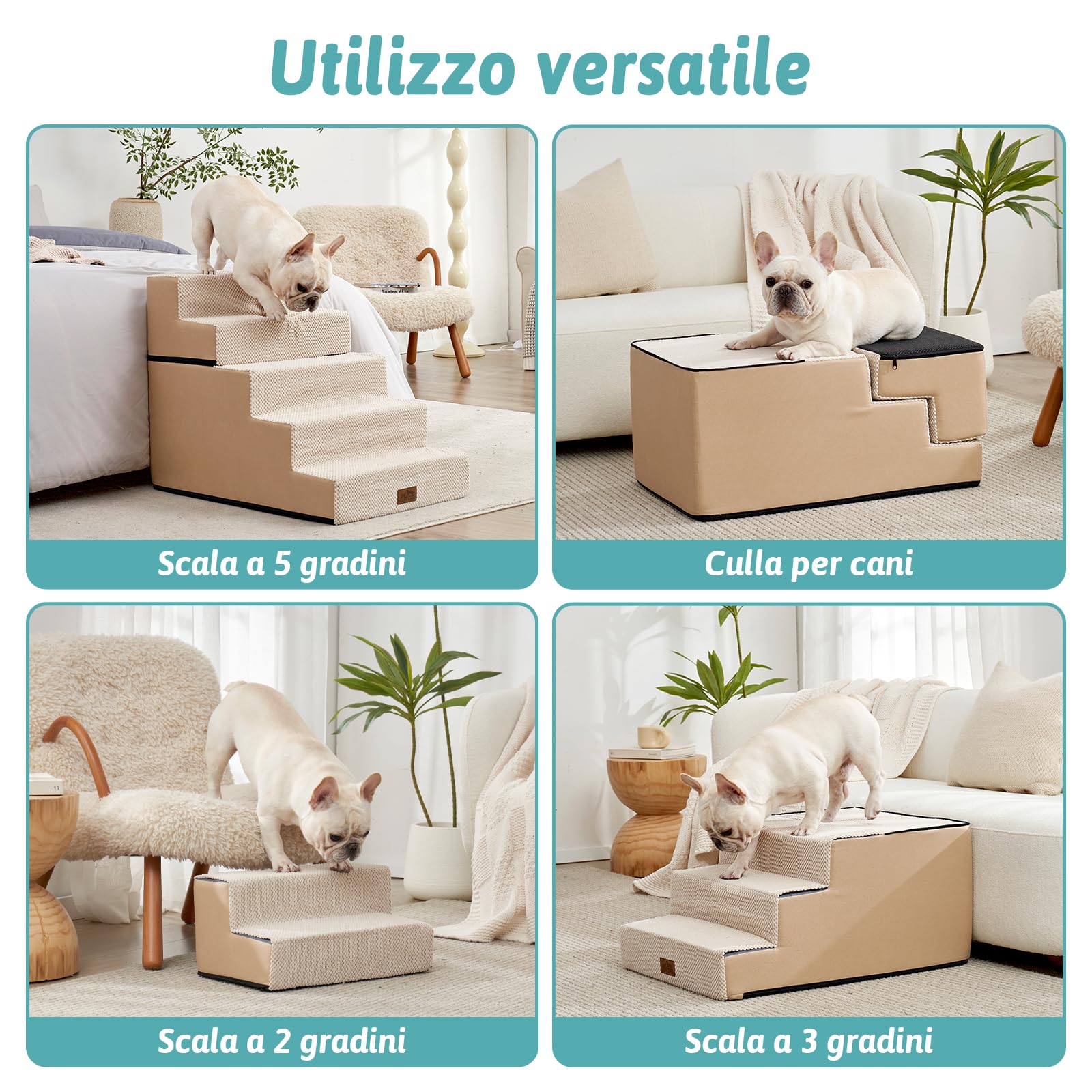 COZY KISS Scala per Cani di Piccola Taglia, Scaletta Cani Domestici a 5 Gradini più Larghe per Divano Letto Auto, 60 cm Altezza Gradini per Gatti in Spugna (Beige, 75x50x60cm-Staccabile, 5)