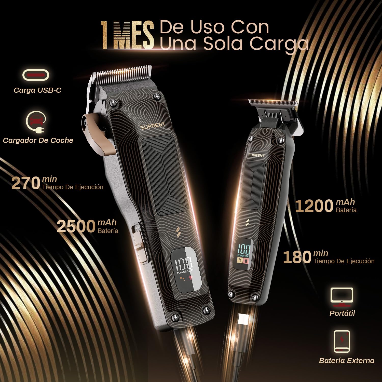 SUPRENT Máquina De Cortar Pelo, Kit Barbero Motor Alta Velocidad 7500 RPM | Inalámbrico, Cuchillas Ajustables, Peines Guía Negros Y Bolsa, Negro Y Dorado