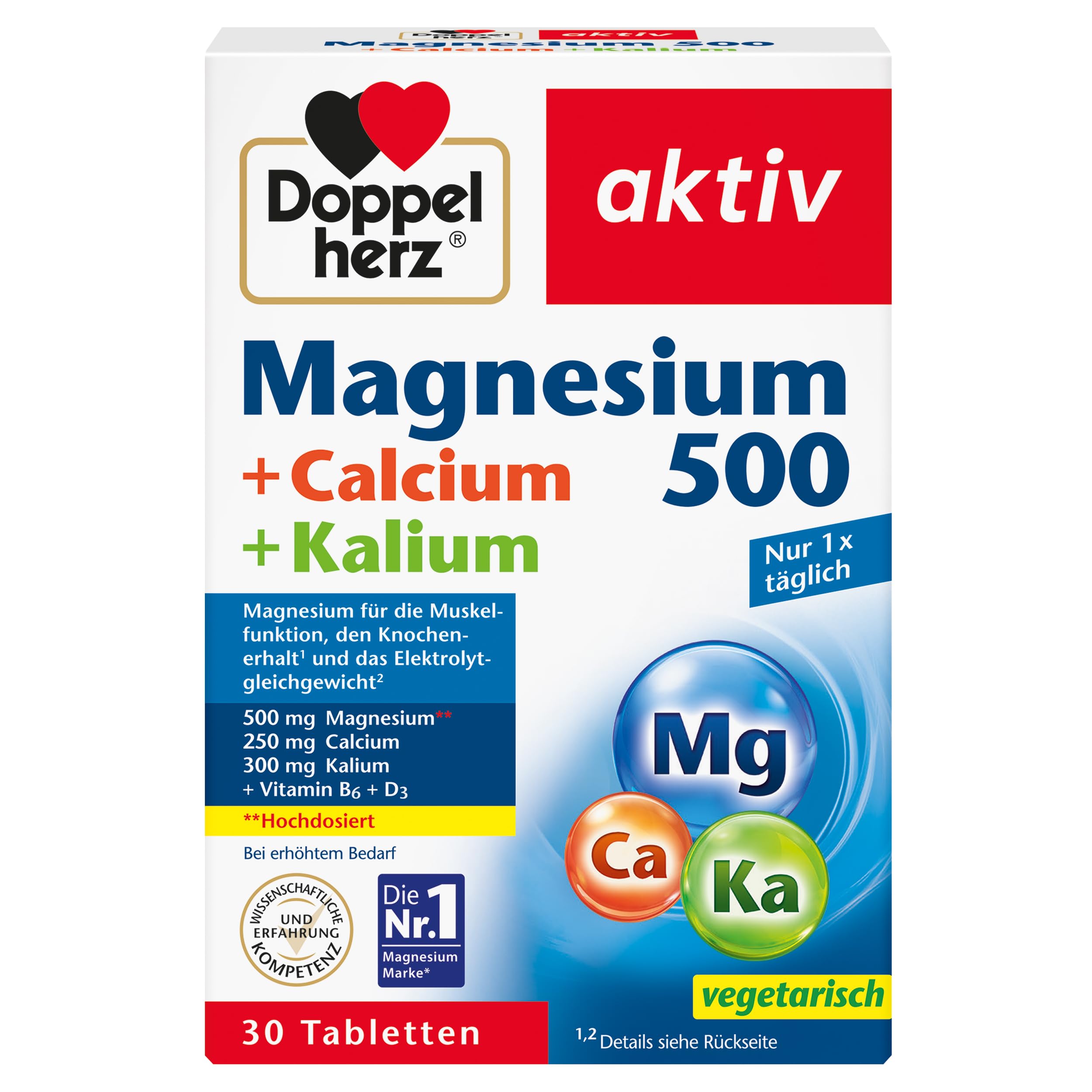 Doppelherz Magnesium 500 + Calcium + Kalium - Hochdosiertes Magnesium als Beitrag für die normale Muskelfunktion und das Elektrolytgleichgewicht - 30 Tabletten