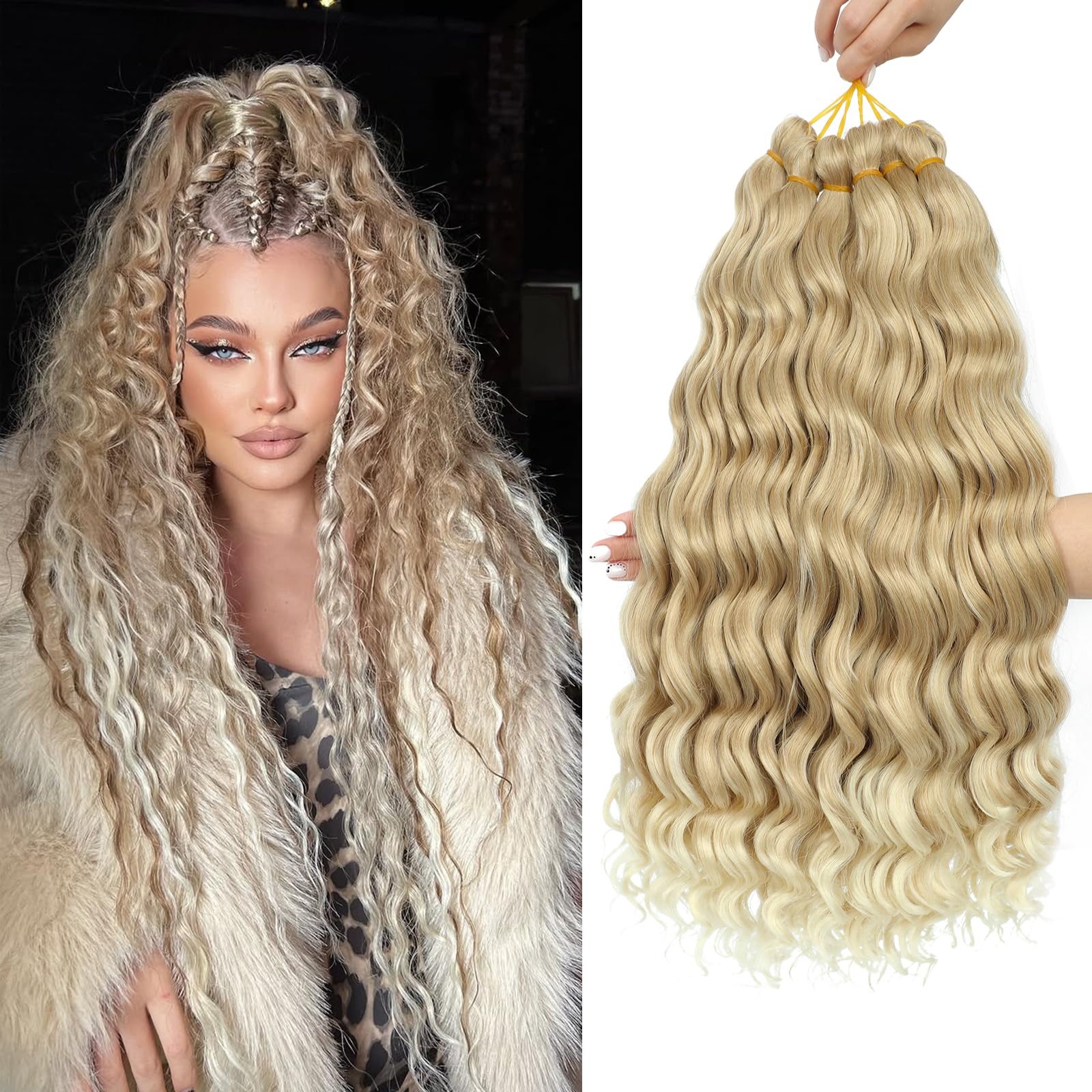 MLETULIPS Curly Crochet Braiding Hair Extensions Deep Wave Braiding Hair Ocean Wave Crochet Hair Soft Synthetic Bohemian Curly Water Wave Crochet Braids for Women (T27/613#
