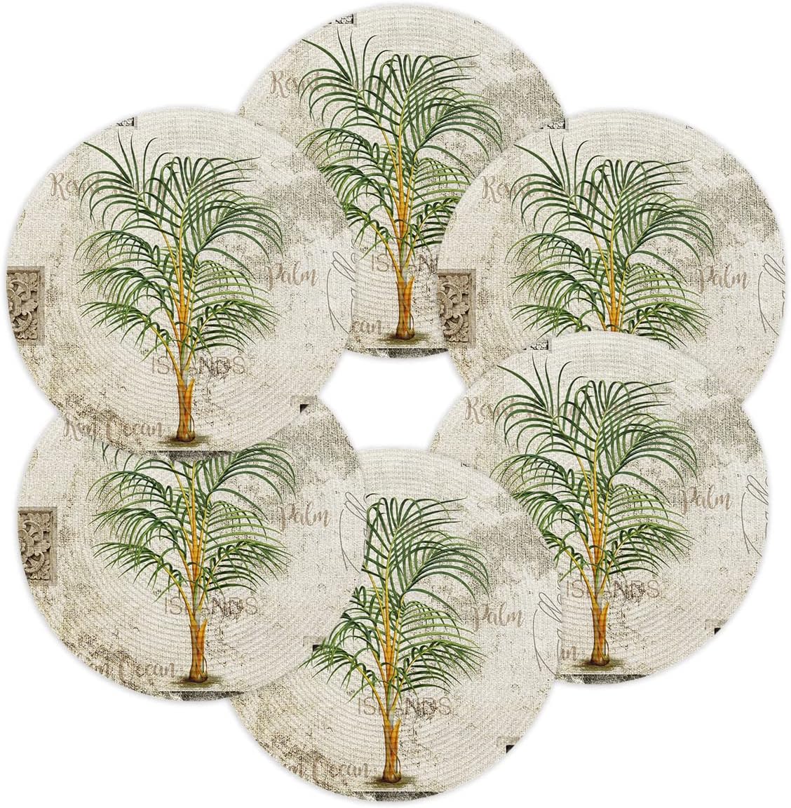 Round Placemats for Dining Table Set of 6 Tropical Palm Tree Place Mats Circle Washable Woven Placemat Vintage Braided Heat Resistant Table Mat for Kitchen Home Dinner Party Decor 15 Inch