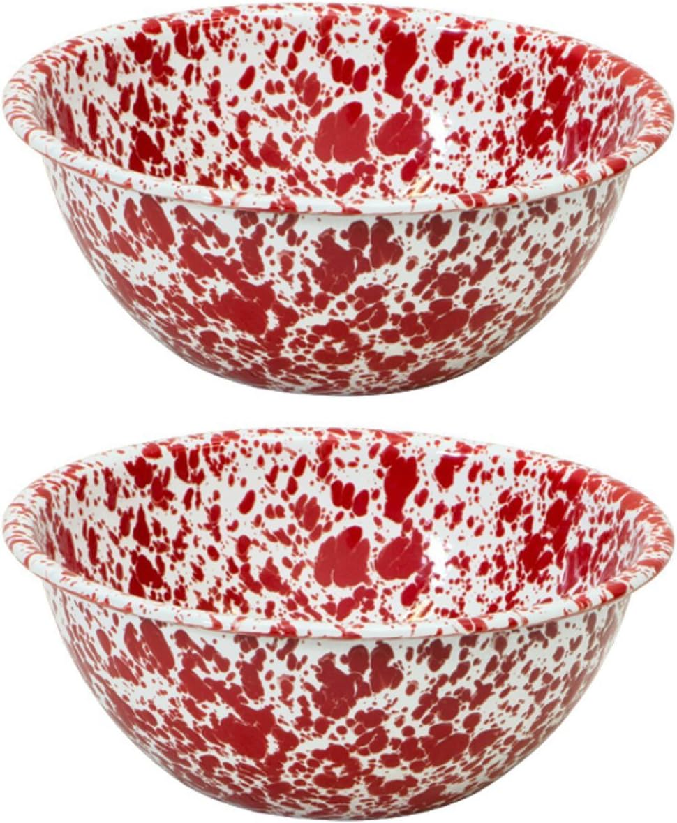 Crow Canyon Enamelware Serving Bowl Red and White Marble 8.5 Inches in Diameter By 3.2 Inches Tall