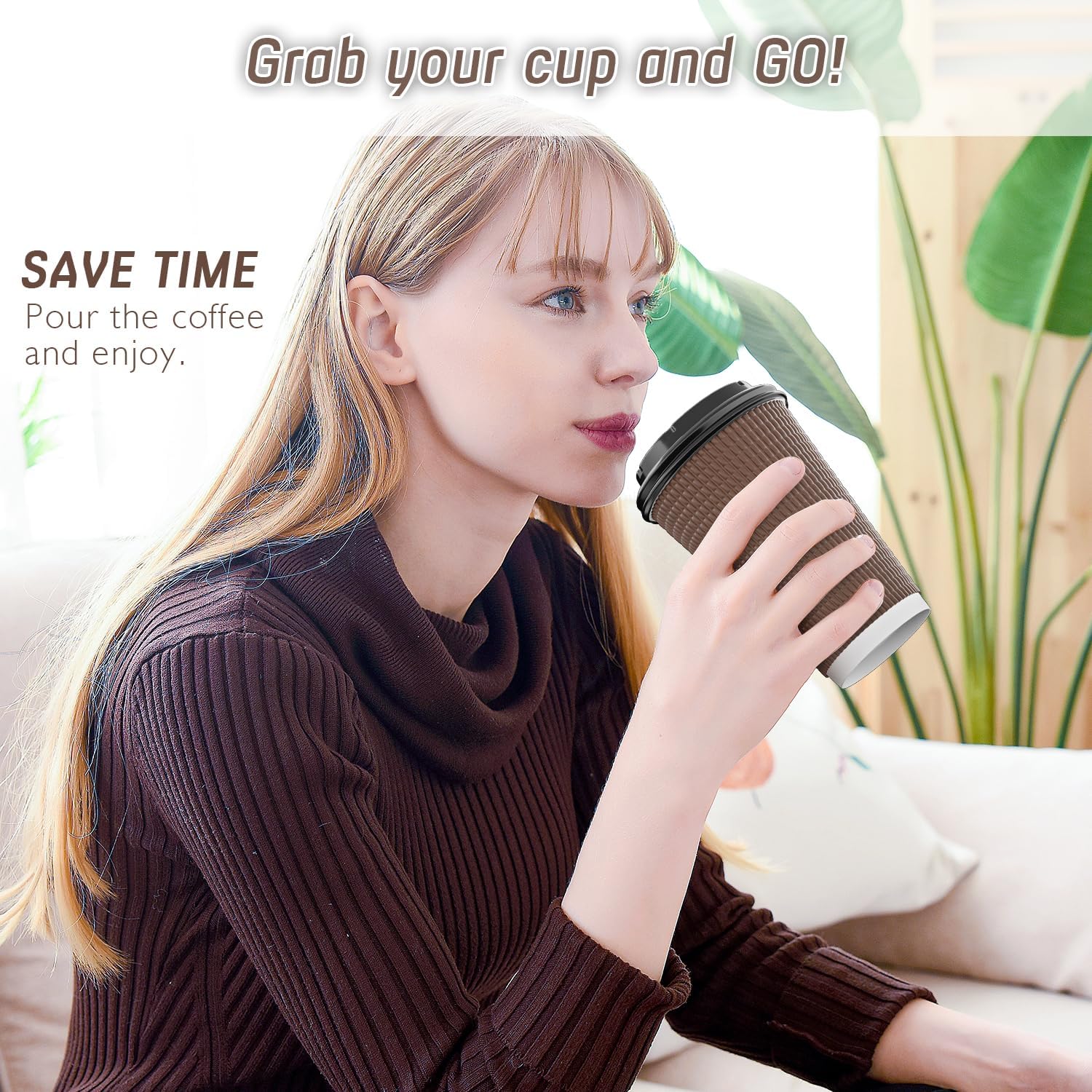 Qunclay Disposable Coffee Cups with Lids,16 oz (80 Pack) Togo Hot Paper Coffee Cup with Leak-Proof Lid To Go for Hot/Cold Beverages Insulated Reusable Drinks Corrugated Ripple Cups (Brown) - Image 2