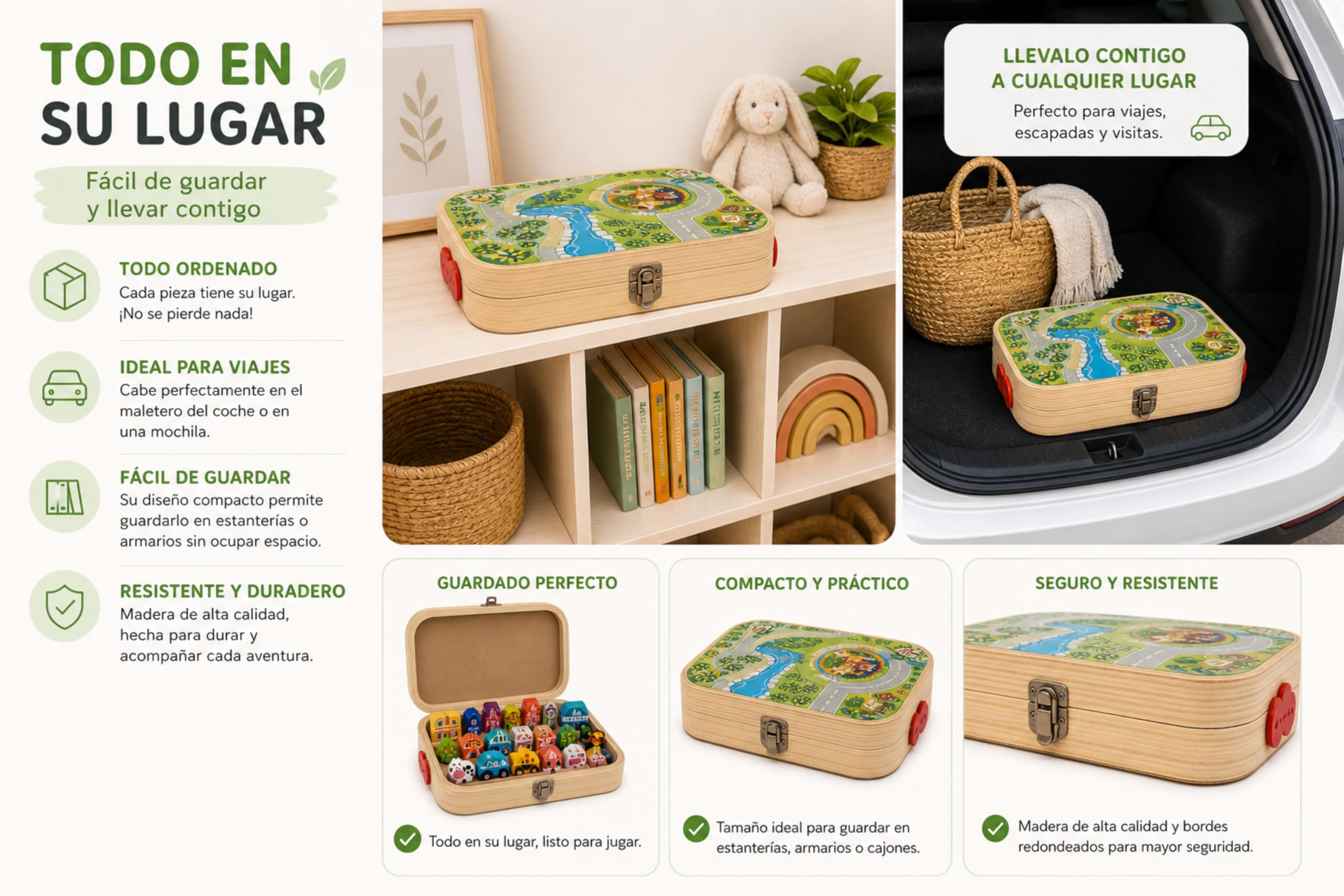 Juguete Montessori de Madera 57 Piezas para Niños 3 4 5 6 Años – Bloques de Construcción Ciudad con Tren, Coches, Edificios y Señales de Tráfico – Juego Educativo con Maletín