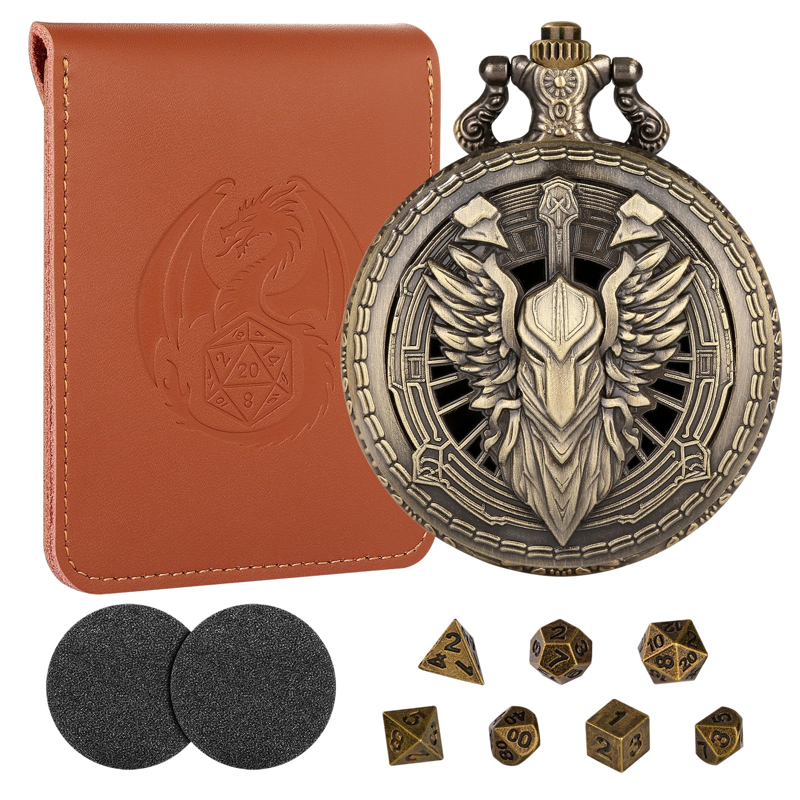 Mini Dice Set including Bronze Hollow Paladin Knight Warrior Pocket Watch Shell Case, D&D Gifts with Dice Bag