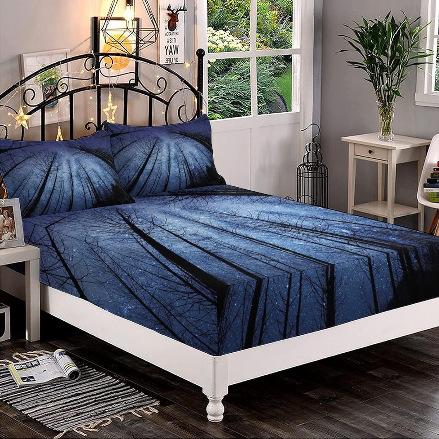 XISUNYA Decorative Fitted Sheet Set Full Size, Night Sky Deep Pockets Fitted Sheet & 2 Pillow Sham Set, Forest Dry Tree Branches Starry Sky Stars Winter Landscape Printed Microfiber Bedding 3pc Set