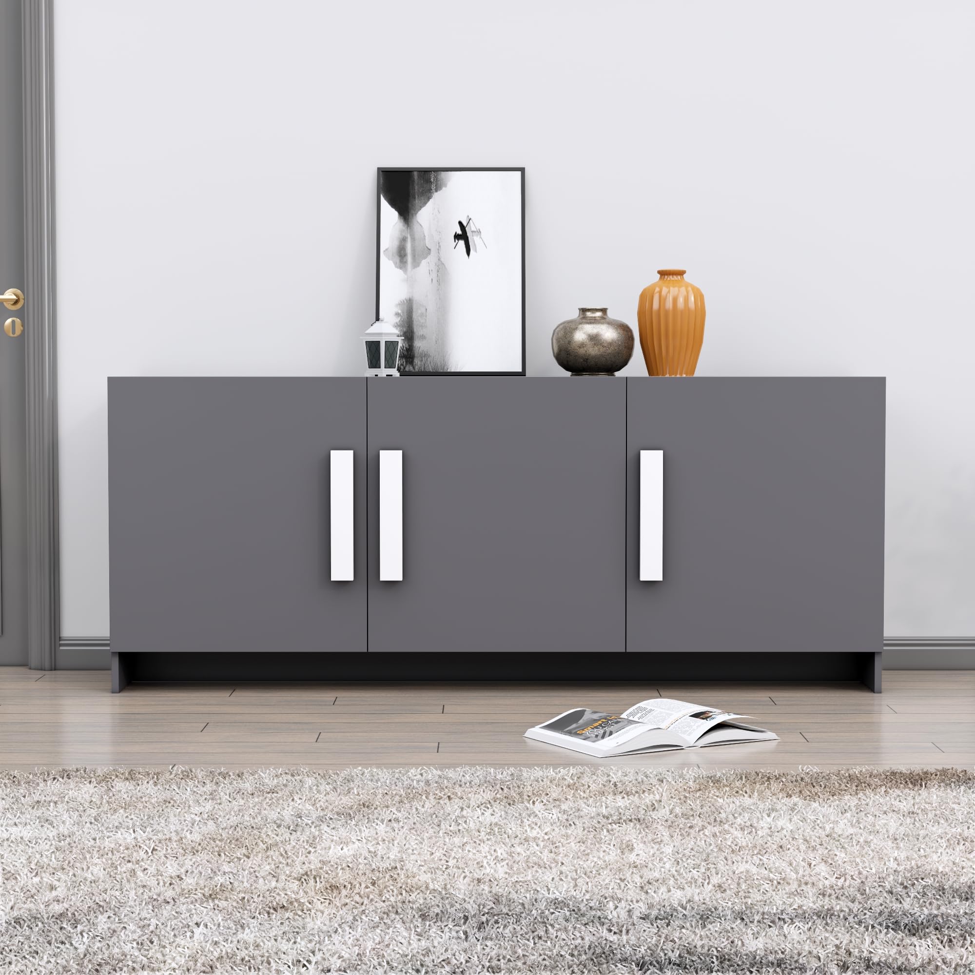 Multipurpose Storage Cabinet for Living Room, Kitchen, Office, Sideboard Cabinet with 3 Door Storage (Slate Grey)-image-41
