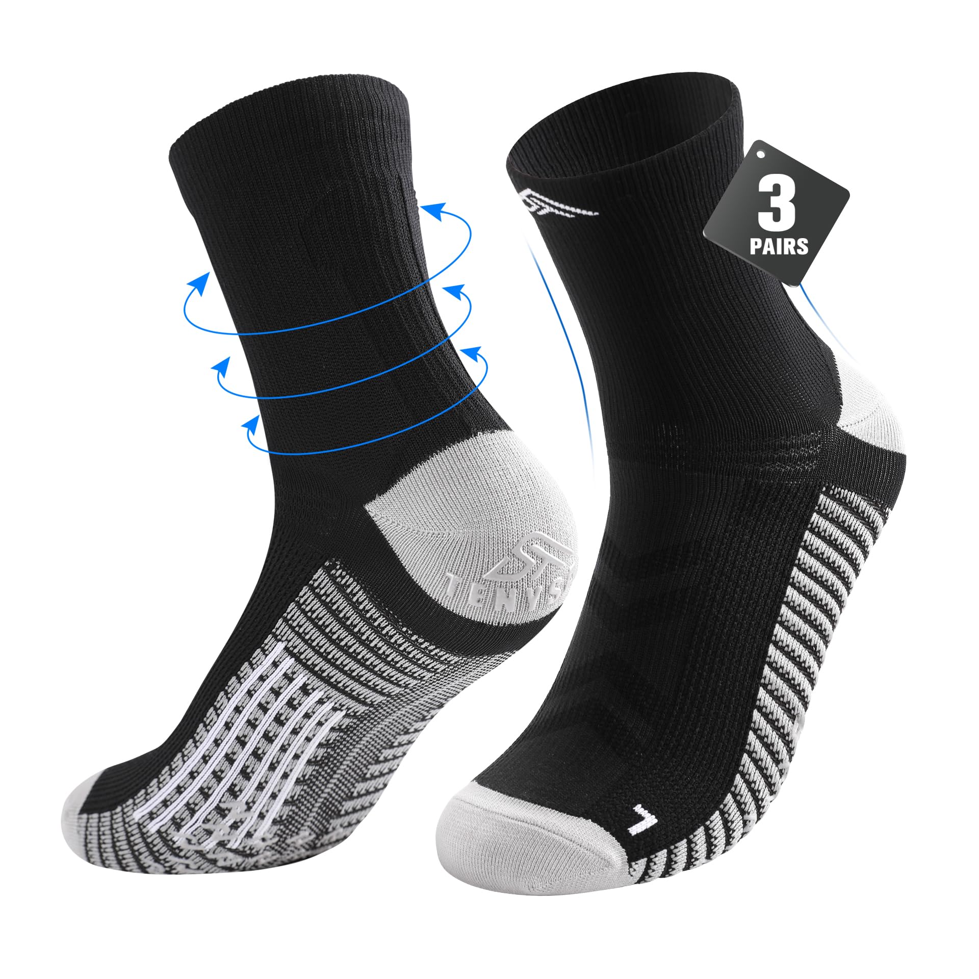 Mens Compression Socks for Running 3 Pairs Grip Athletic Socks - Breathable Non-Slip for Runner Gym Tennis Sports