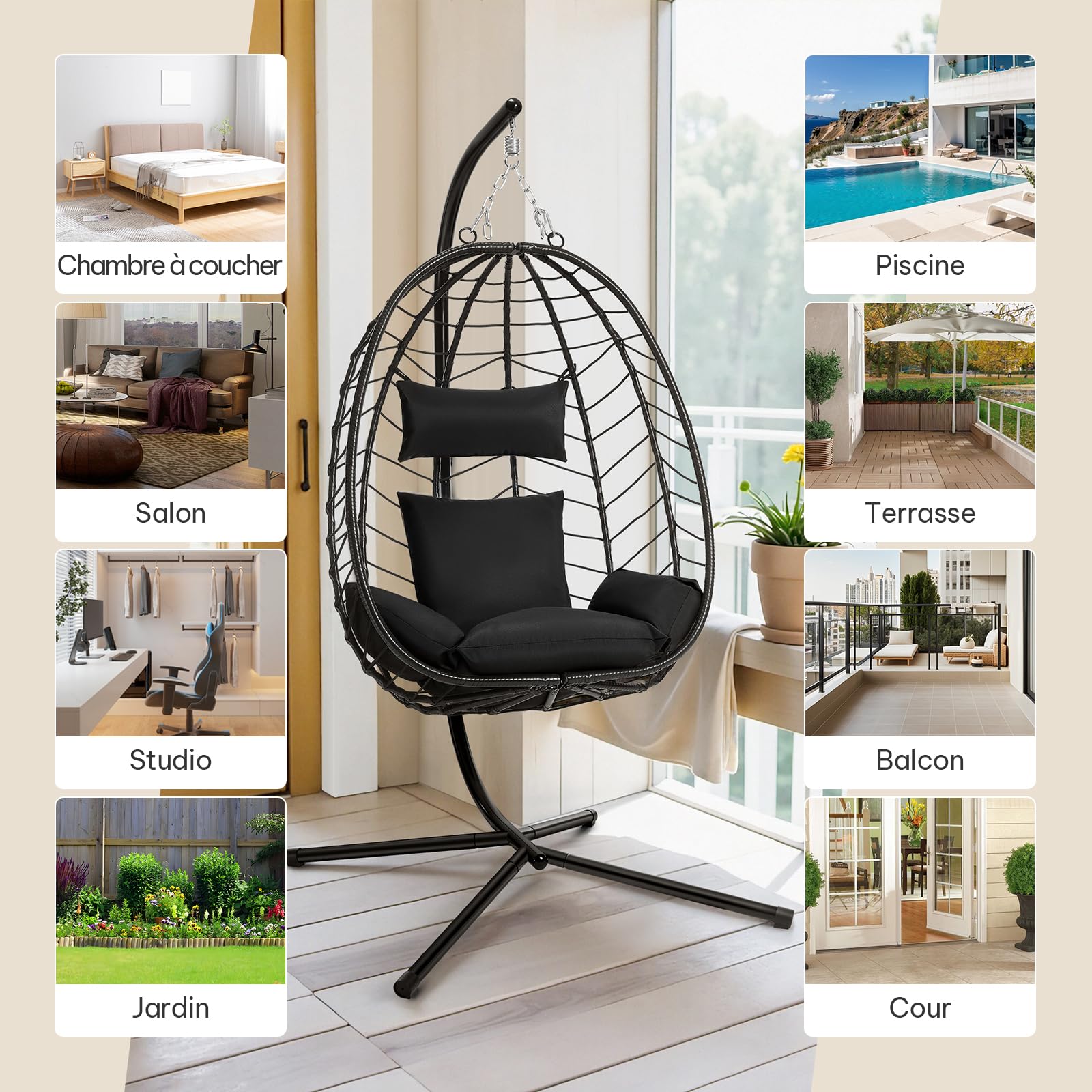 Laneetal Fauteuil Oeuf Suspendu, Chaise Balançoire, avec Support en Métal, Coussin de Siège et Appui-tête, Charge 150kg, Rotin PE, pour Jardin, Balcon, Terrasse, 102x100x196cm, Anthracite