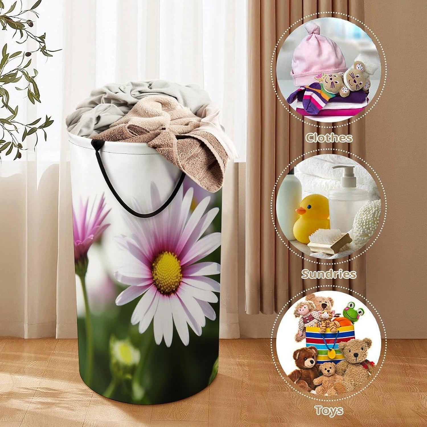Daisy Flower Laundry Basket Freestanding Laundry Hamper with Handles Waterproof Dirty Clothes Hamper Collapsible Washing Bin Aesthetic Clothes Basket for Bathroom Bedroom Dorm