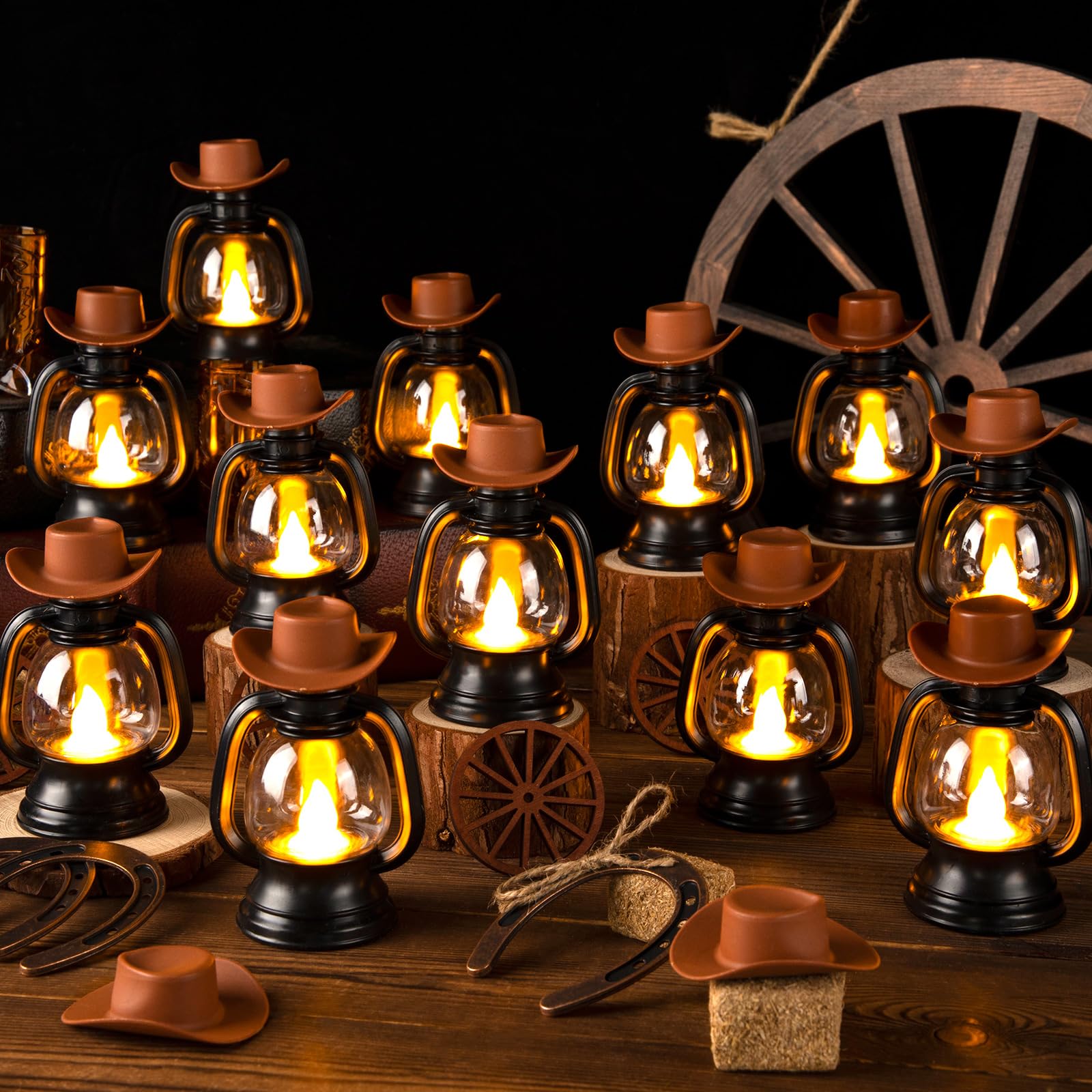 24 decorazioni per feste a tema cowboy, centrotavola per feste a tema cowboy, mini cappello da cowboy, lanterna, ferro di cavallo, ruota di carro, balle di fieno, per matrimoni occidentali, compleanni