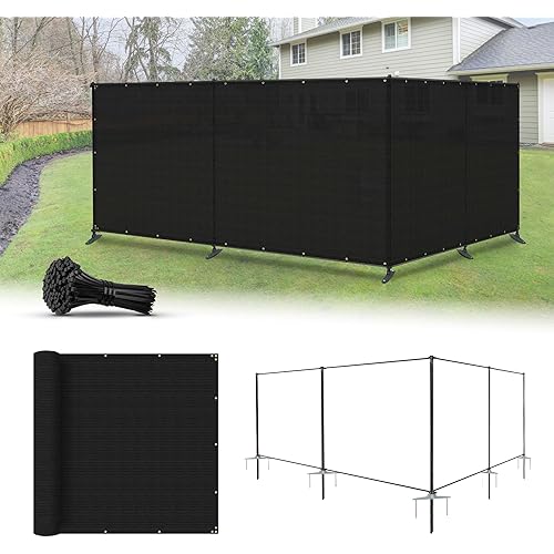 6'x24' Privacy Fence Kit Freestanding Mesh Screen with Iron Poles Temporary Fencing Outdoor Patio Backyard Divider Dog Air Conditioner Trash Fence Black Custom