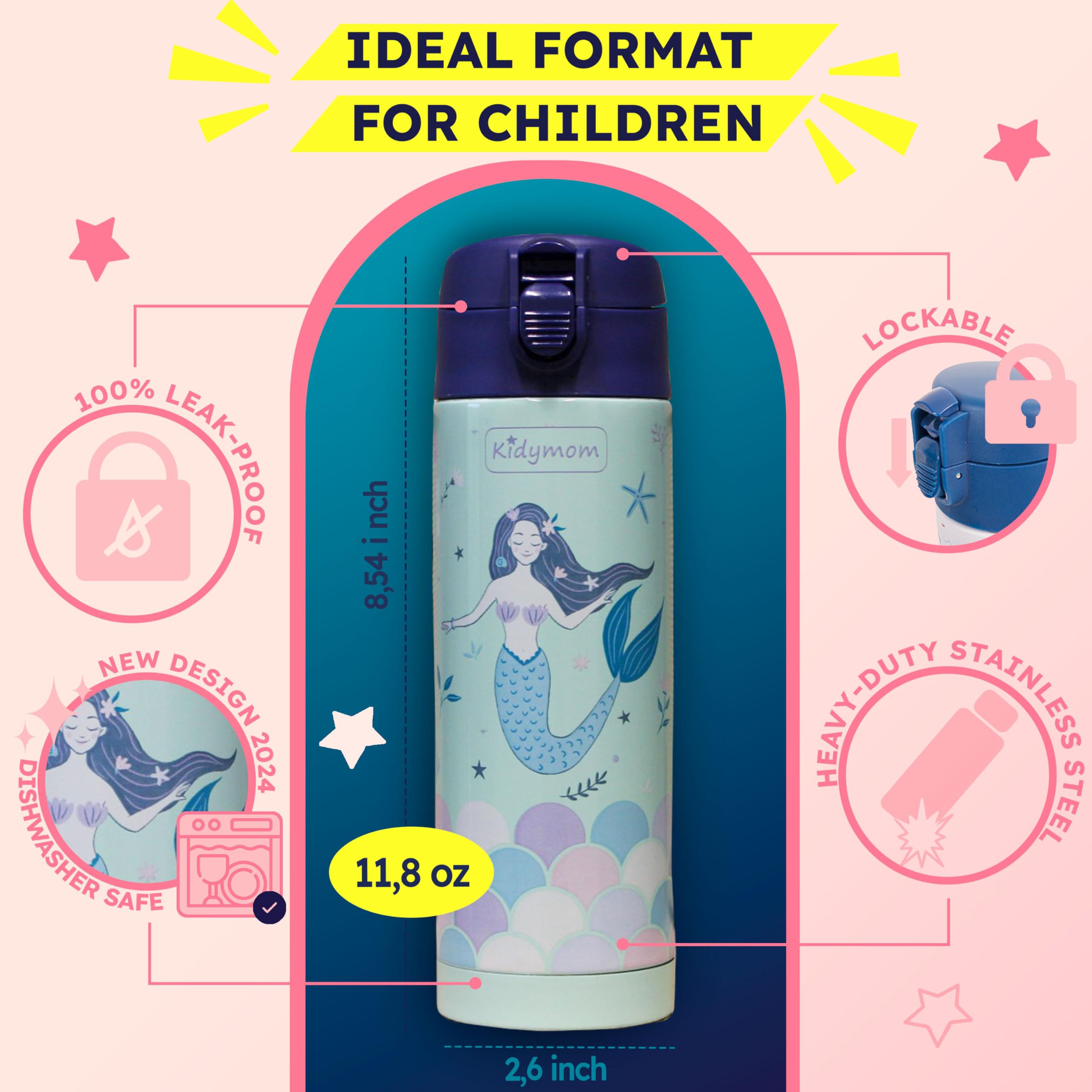 Botella isotérmica infantil de acero inoxidable, 100% antifugas, 350 ml + bolsa con nombre personalizable, caño vertedor e higiene que una paja, regalo de niña o niño, pequeña botella termo