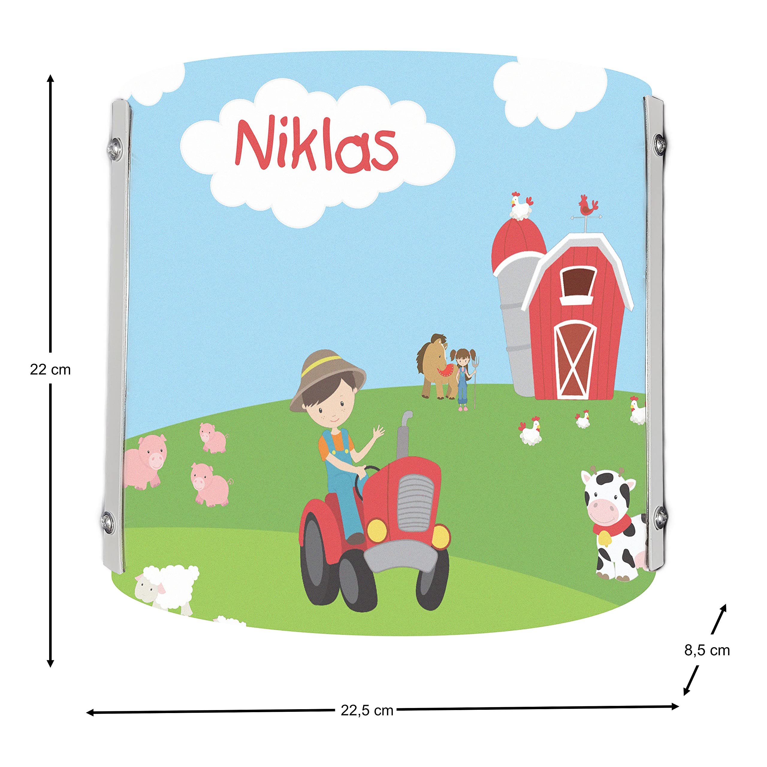 WA-1002, Bauernhof, Kinderzimmer Wandlampe personalisiert mit Namen, Nachtlicht/Schlummerlicht für Steckdose, E14, 22 x 22,5 x 8,5 cm