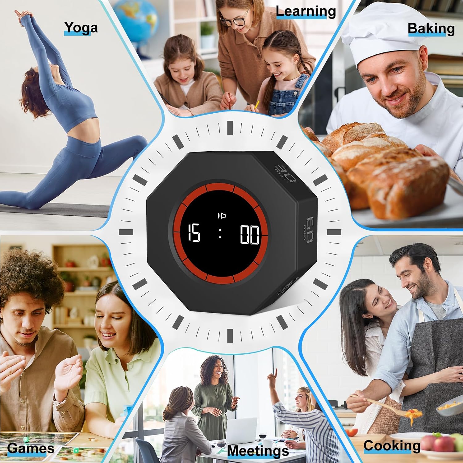 GuDoQi Digital Productivity Timer, Octagon Rotating Pomodoro Timers with Gravity-sensor, 1-3-5-15-30-60-90 Min Countdown, Portable Adjustable Sound Alert Multi Desk Timer or Study Task, Kitchen, Black