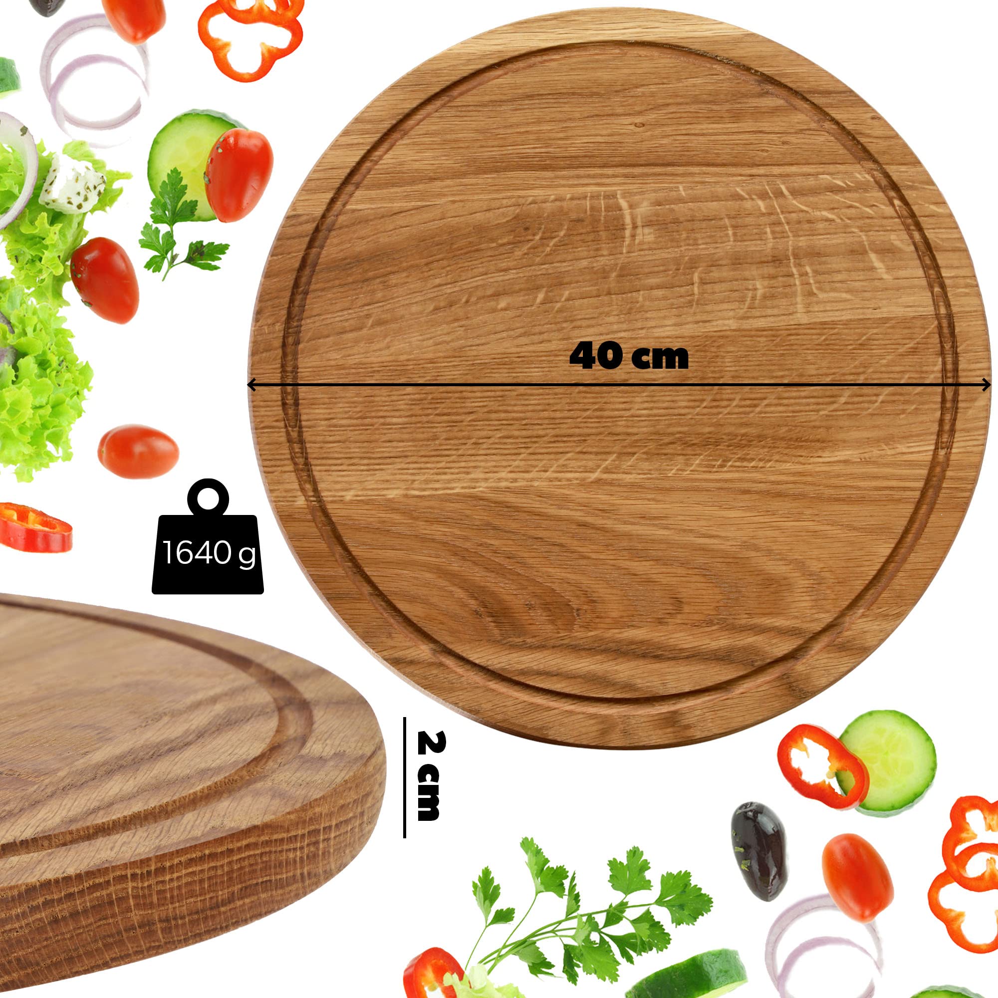 KADAX Tabla de cortar redonda de roble, antibacteriana, tabla de cortar madera con huecos especiales, tabla de desayuno, base de corte (diámetro 40 cm)