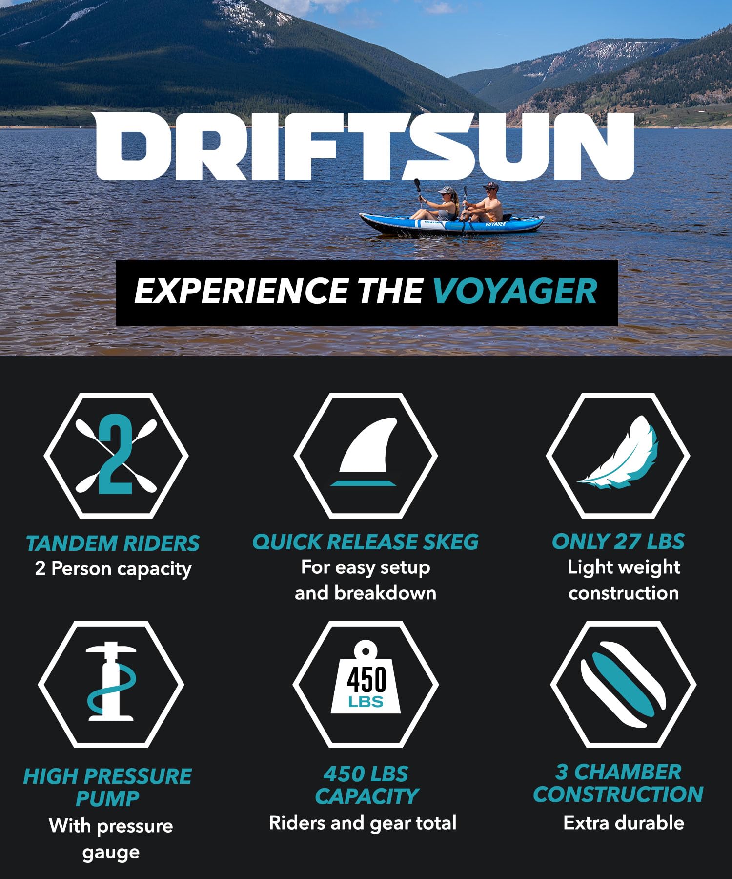 Driftsun Voyager Kayak gonfiabile per 2 persone, completo di tutti gli accessori, 2 pagaie, 2 posti pompa a doppia azione e altro ancora