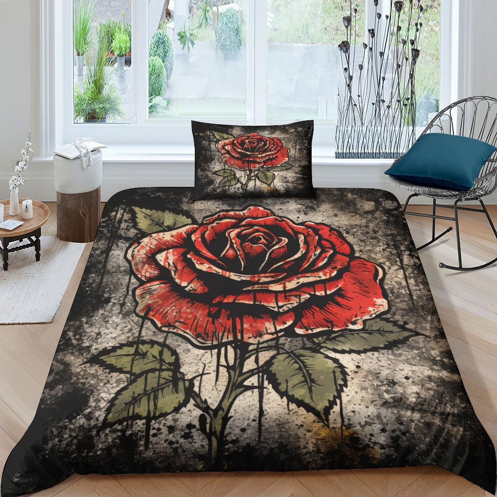 Parure de lit roses anciennes style vieilli 135x200 cm pour chambre chalet
