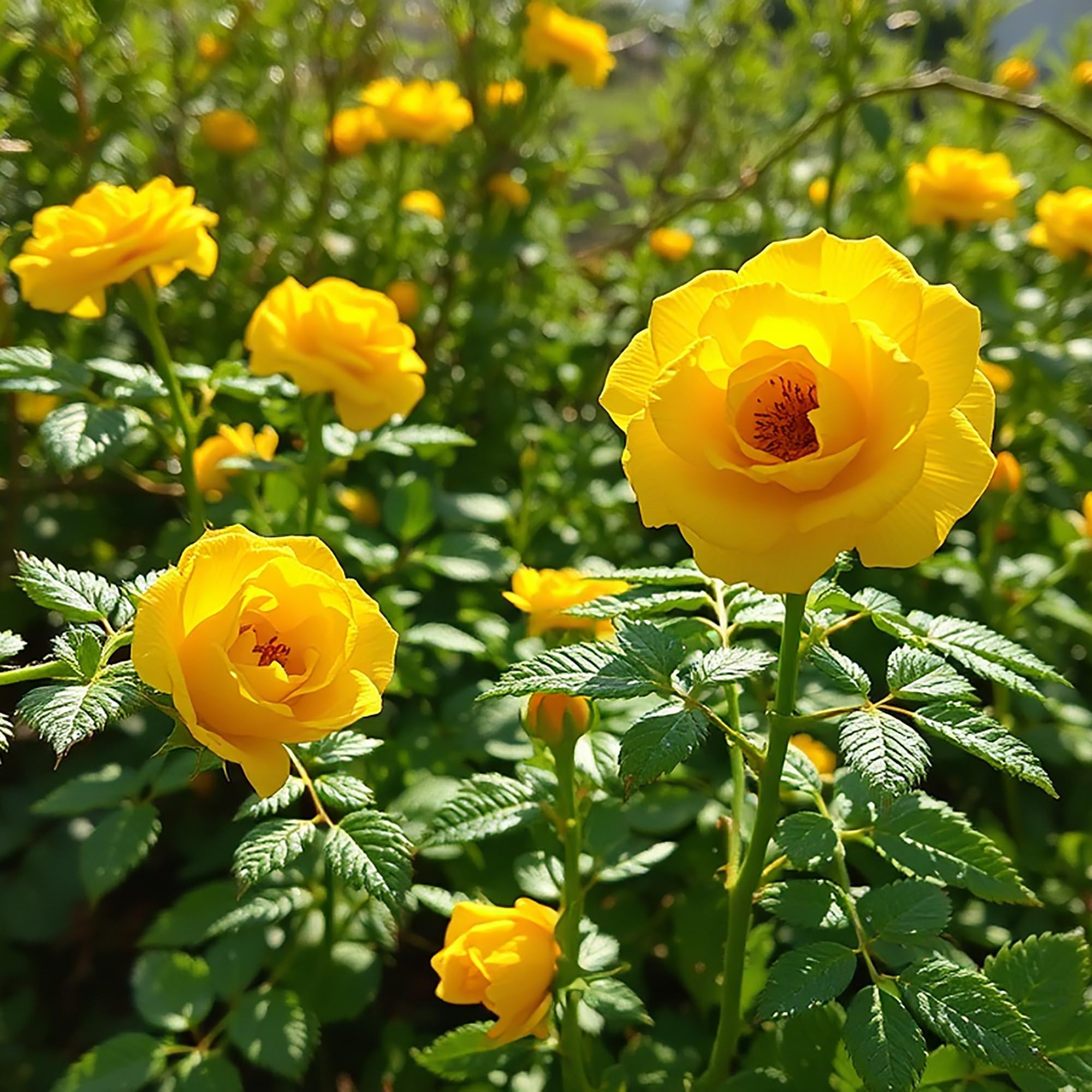 Rosier jaune à racines nues rustiques « Sunshine Lady » - Fleurs parfumées pour haies de jardin, treillis, allées et arbustes à fleurs