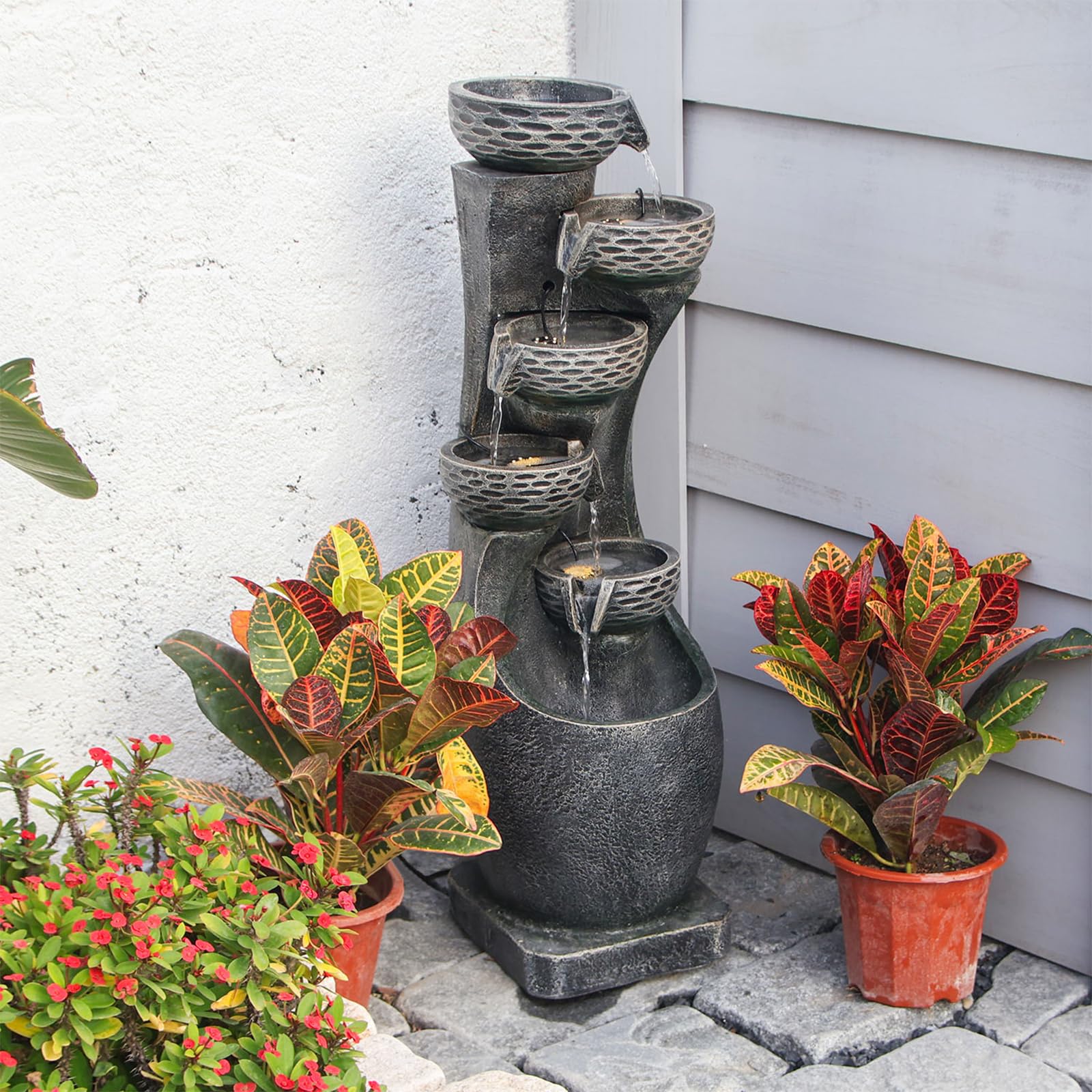 35.83''H Indoor Outdoor Modern Water Fountain 6-Tiers Garden Cascading Fountains Curve Shape Floor Standing Waterfall Water Feature with LED Light for