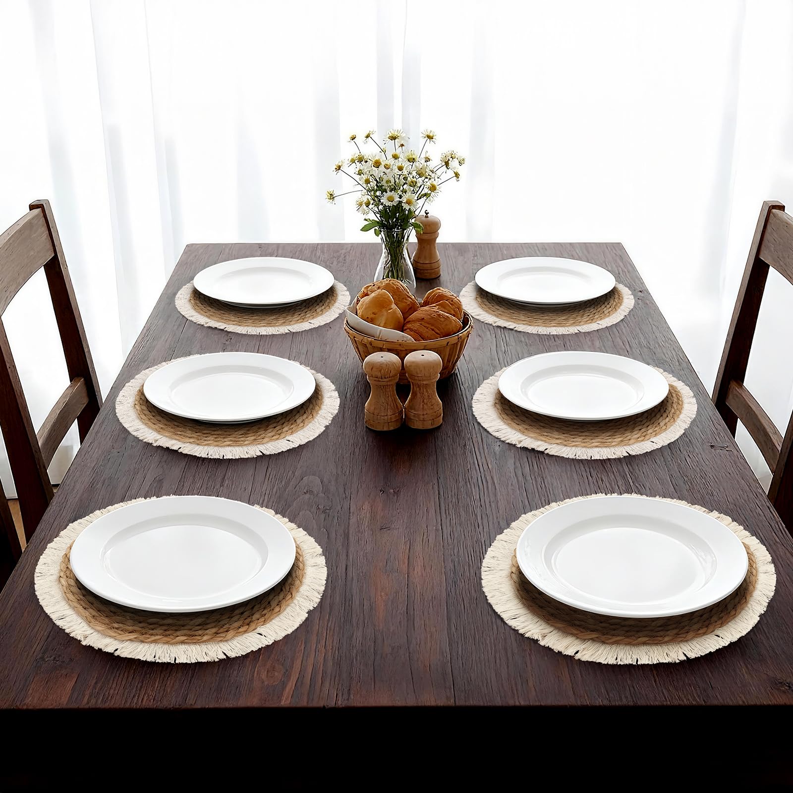 Set Tavoli Rotondi 6 Pezzi, Copripiatto Intrecciato con Design a Frange, Resistente al Calore per Decorazione Boho di Tavolo Cucina, Lavabile, Antiscivolo, Beige