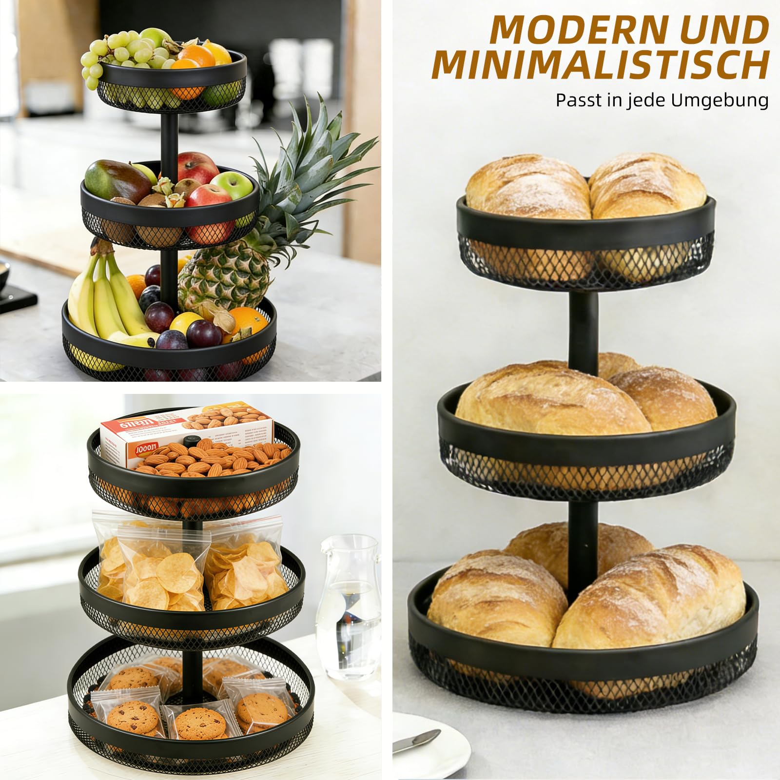 Dreistöckiges rundes Obst- und Brotregal, auch als Kuchenständer oder Tortenständer geeignet, aus schwarzem Metall.