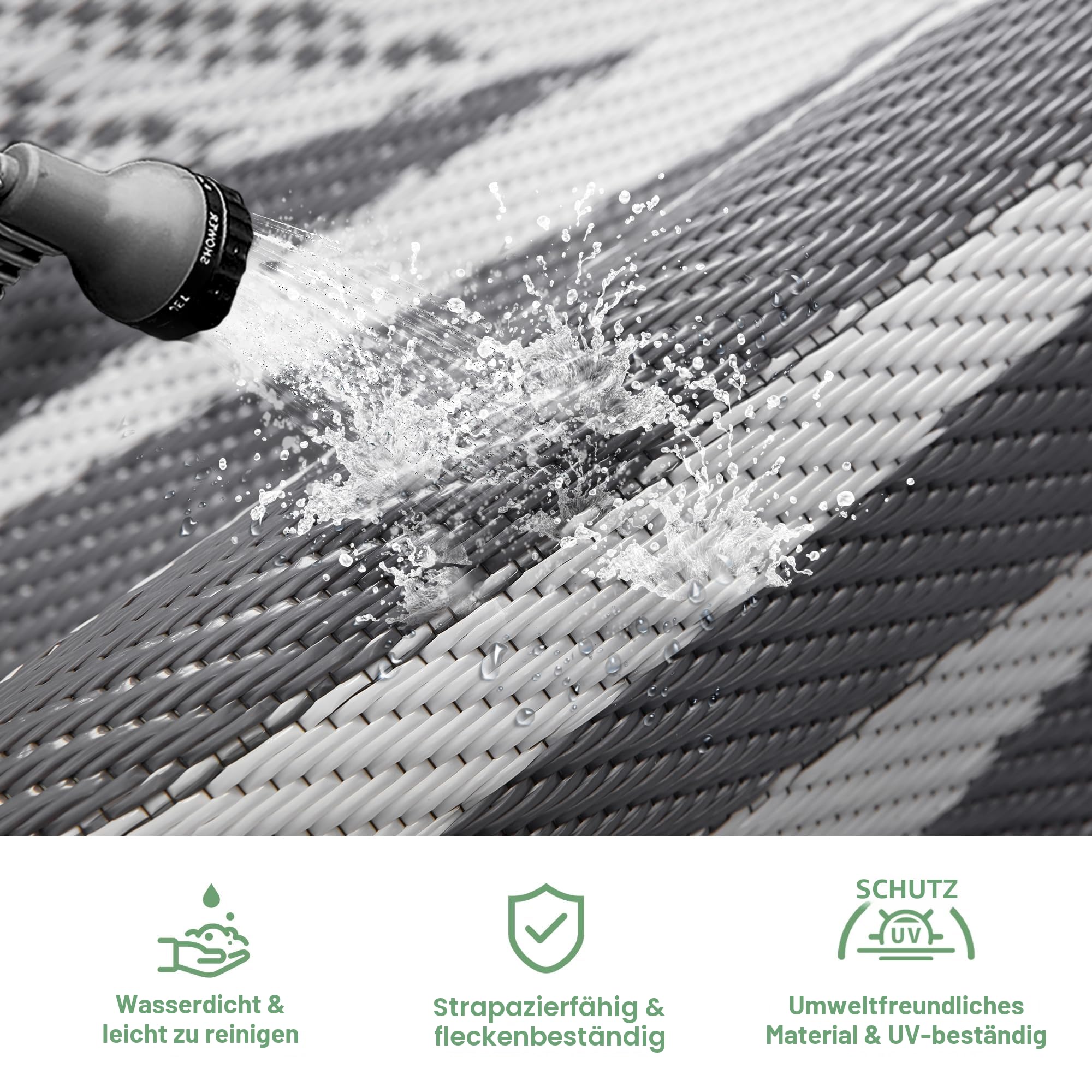 GENIMO Outdoor Teppich Wetterfest 150x240cm, Balkon Teppich mit botanischem Blattmuster, Waschbarer, Polypropylen-Teppich für Camping, Garten, Wohnmobil, Terrasse & Hinterhof – Grau & Weiß