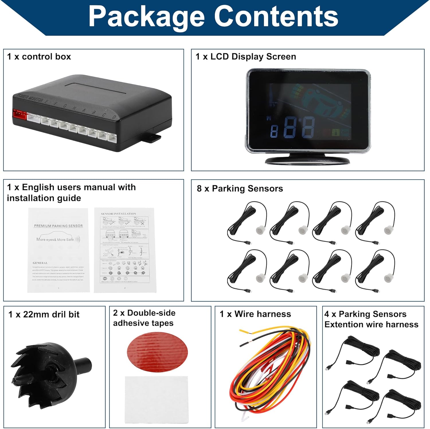 Car Auto Vehicle Reverse Backup Radar System LCD Distance Display Reverse Parking Sensors Distance Detection 8 Parking Sensors Silver Tone