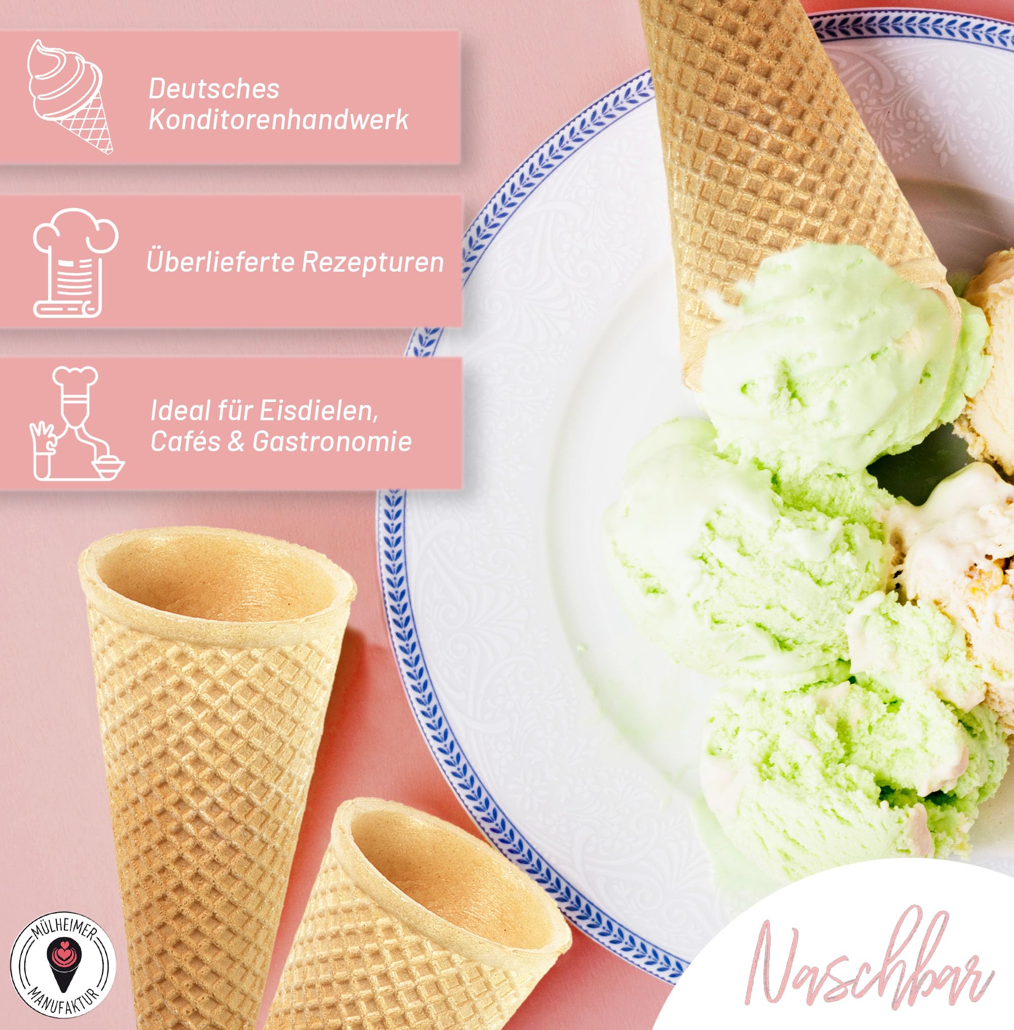 Cornet de glace | Gaufres semi-sucrées | 40 pièces | 115xØ47mm | Recette végétalienne