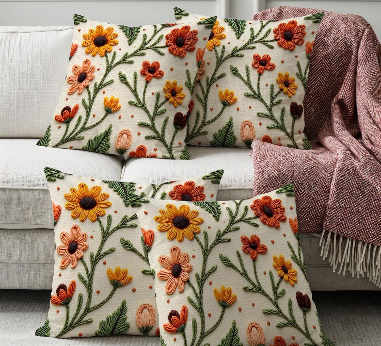 Artvibe Decorative Throw Pillow Covers 17x17 inch, Autumn Floral Punch Embroidered Pattern, Digital Printed, Set of 4, Orange Yellow