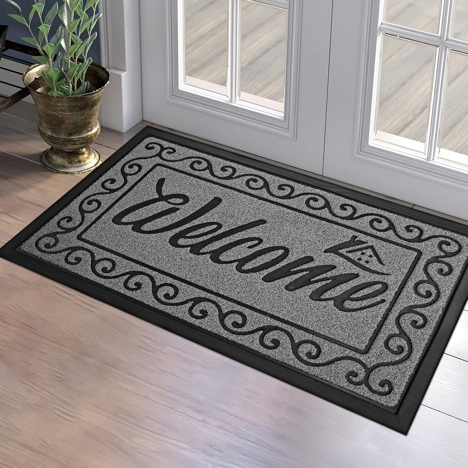 Yimobra Welcome Front Door Mat, Heavy Duty Easy Clean Doormat Indoor Outdoor, Waterproof Quick Dry Floor Mat for Home, Garage, Hign Traffic Areas, Non Slip, Low Profile, 29.5x17+36x24 Inch, Black Gray