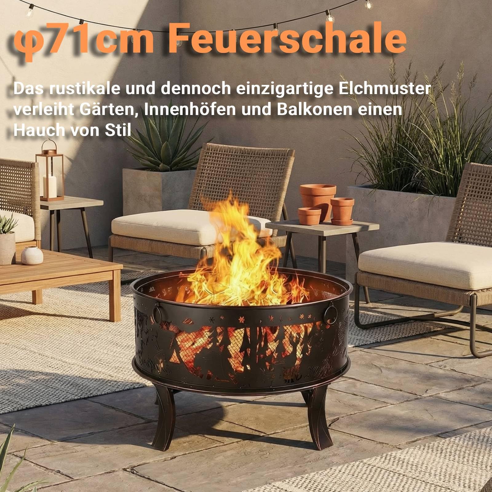 TLGREEN Feuerschalen, Feuerschale mit Funkenschutz, Feuerschale Garten Ø71x65cm, inkl. Poker & Kohlerost & 4 PCS Füße, Feuerkorb Retro-Look, Feuerstelle für Garten Camping Strand-Exquisites Elchmuster
