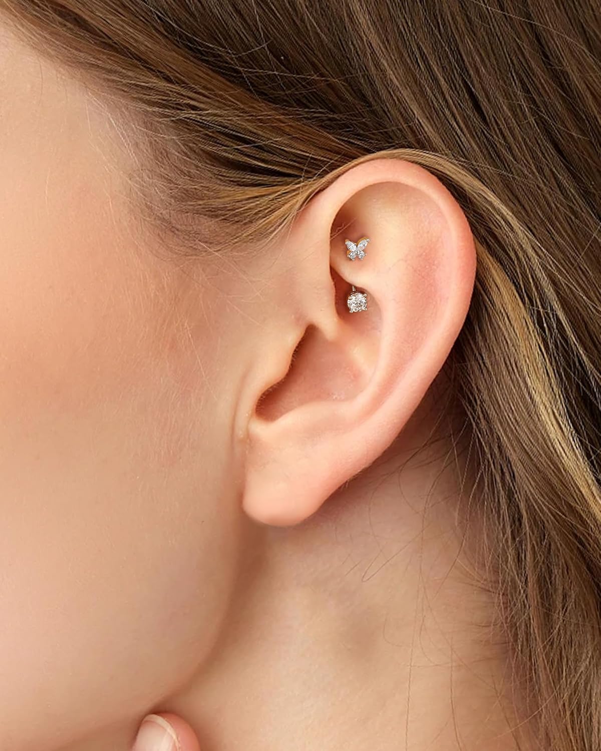 Cocharm Cute Butterfly Rook Piercing Jewelry 16g 8mm Stainless Steel Rook Barbell Earrings for Women in Silver - Image 2