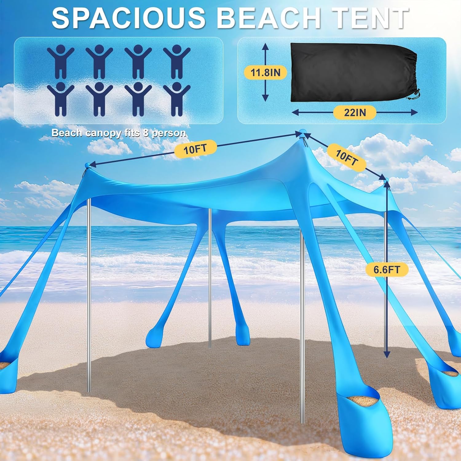Strandzelt Sonnenschutz UPF 50+, 3 x 3 m Strand-Vordach Sonnenschirm, Pop-Up Strandvordach mit 8 Sandsäcken, Outdoor Sonnenschutz für Campingausflüge, Angeln (Himmelblau)
