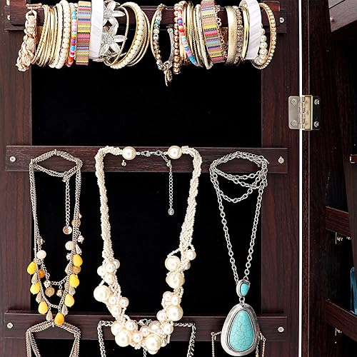 Miniatura 5 de MIYACA 6 LEDs Jewelry Mirror Armoire Organizer Lockable Jewelry Cabinet WallDoor Mounted with Full-Length Body Dressing Mirror and Larger Capacity