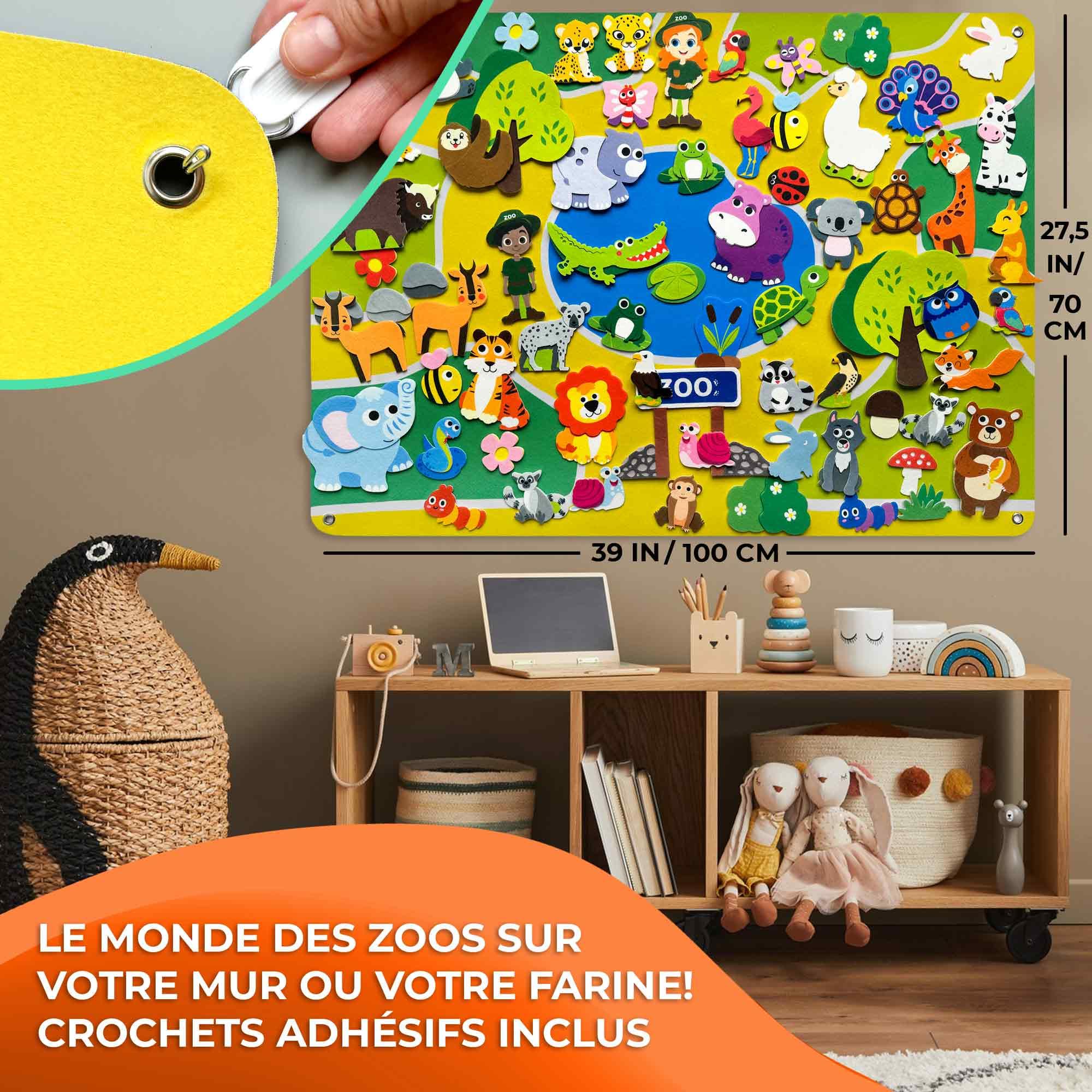 QUOKKA Lavagna in Feltro per Bambini 3 4 5 Anni - 104x76 cm Pannello da Parete Zoo per Bambino 1 2 Anni - 70 Elementi Animali in Feltro - Zoo Giocattolo per Bambini