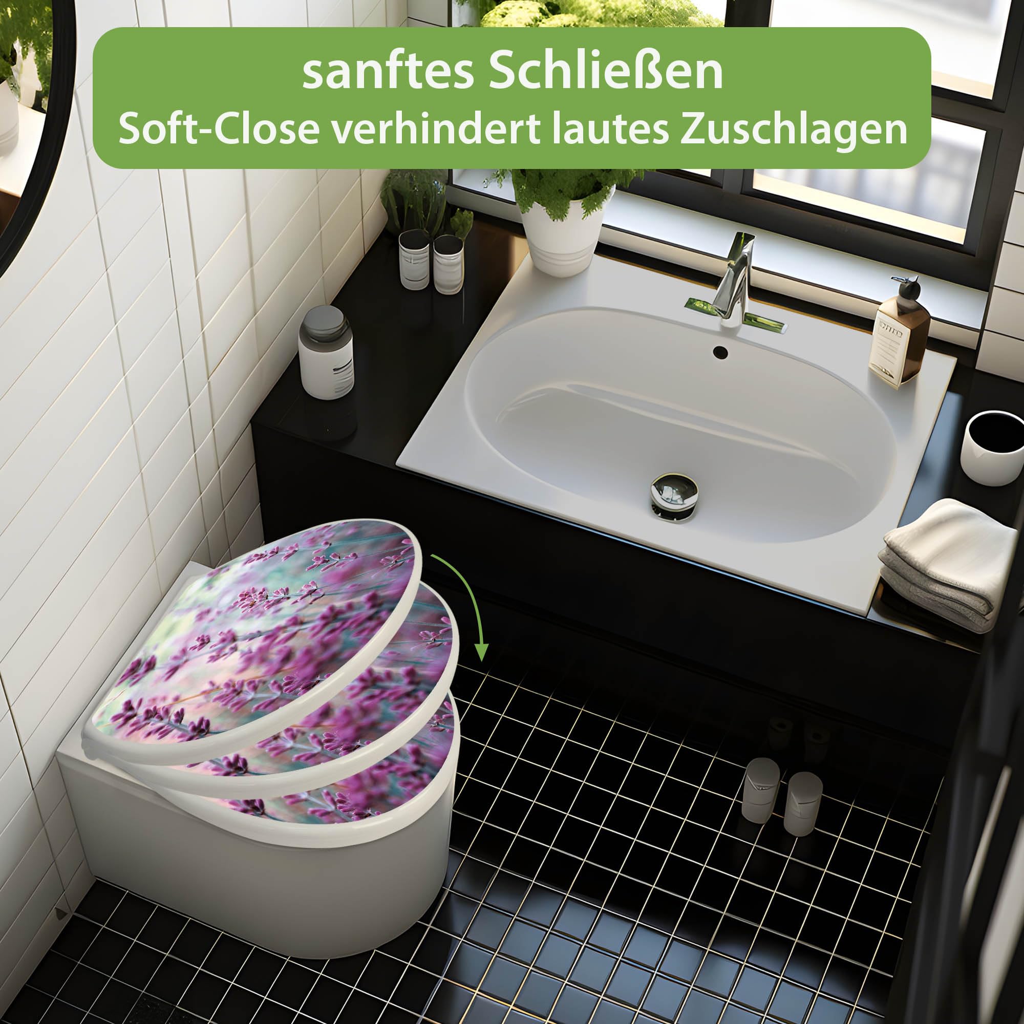banjado Toilettendeckel mit Absenkautomatik 44,5x37cm - Soft Close Toilettensitz - WC Sitz mit Absenkautomatik - Klodeckel aus Duroplast mit Edelstahl Scharnieren, einfache Montage - Motiv Lavendel 2