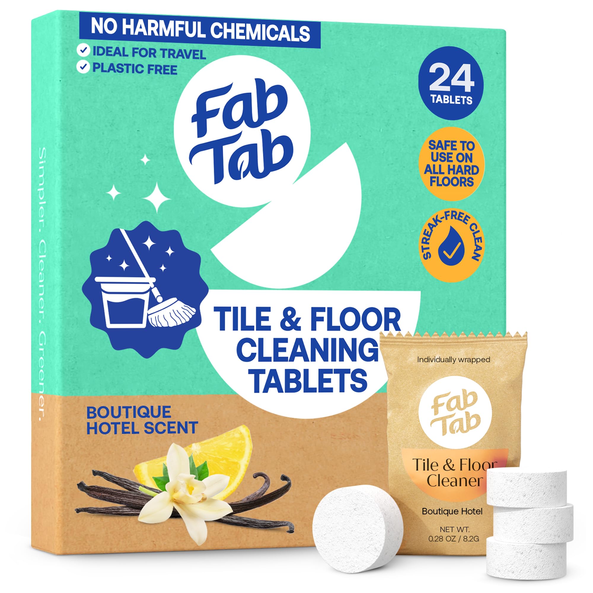 Fab Tab Hard Floor Cleaner Tablets - Pre-Measured Dissolvable Tablets for Hardwood, Tile and Vinyl Floors. Enzyme-Based Formula, Boutique Hotel Scent,