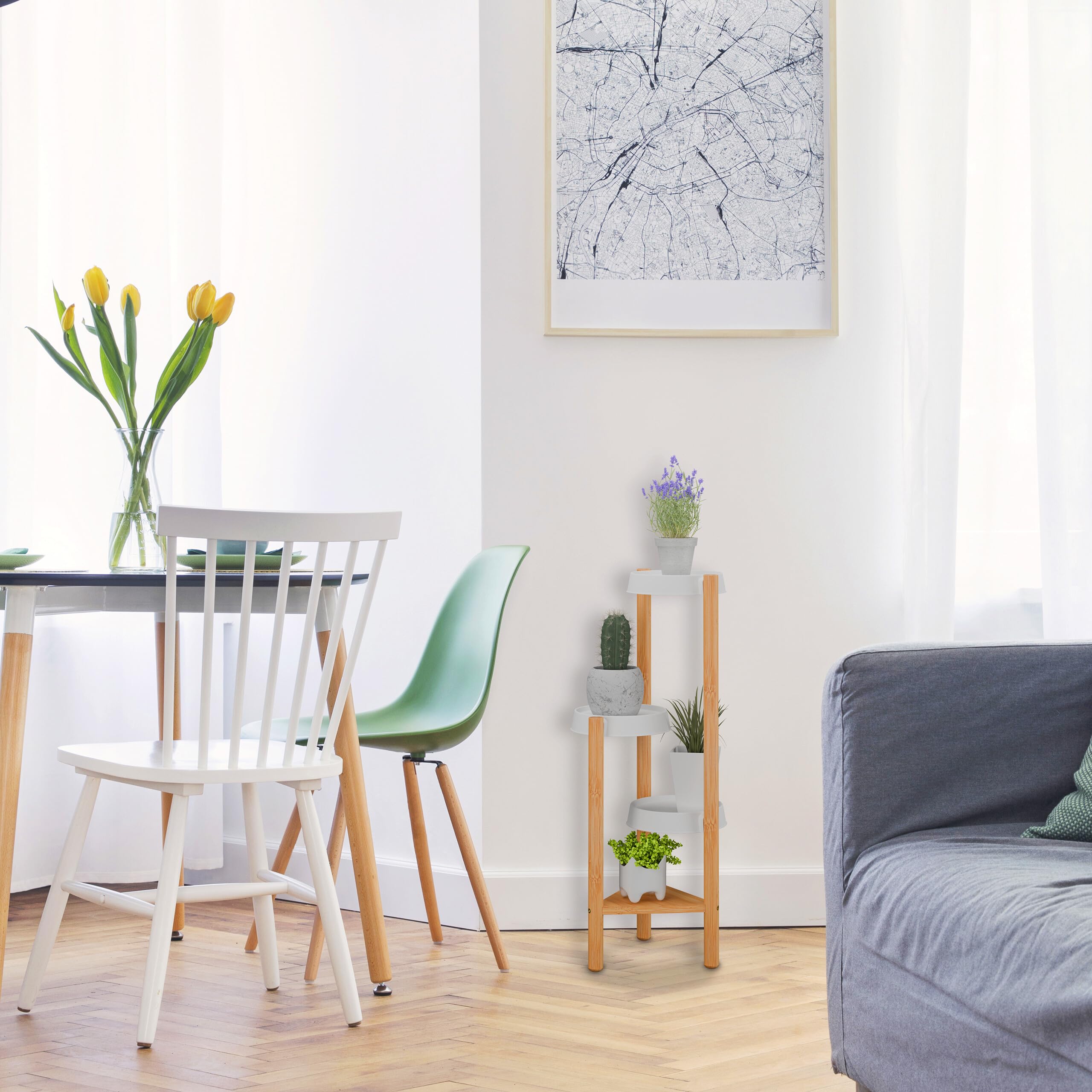 Relaxdays Scaffale Portapiante con 4 Ripiani in Plastica, Scala Portafiori, Supporto Vasi, 78x28x34 cm, bambù, Naturale