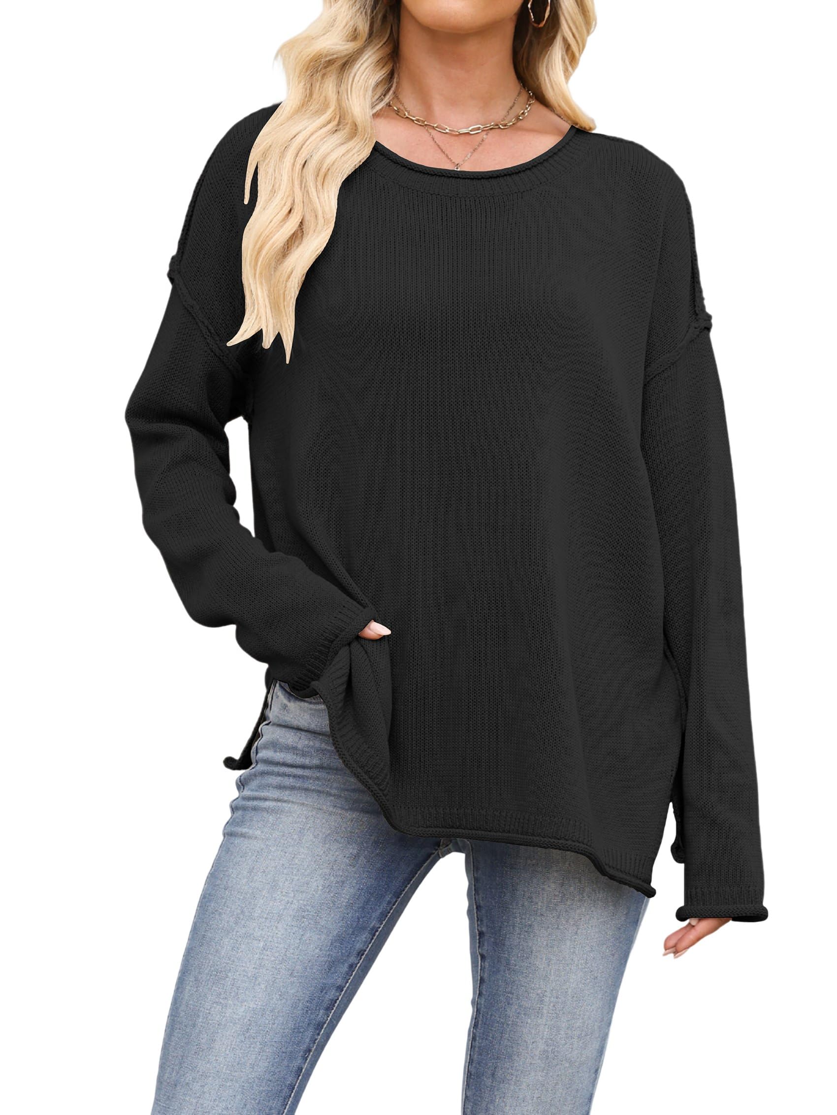 Luźne Swetry Damskie, Luźne, z Długim Rękawem i Okrągłym Dekoltem, Dzianinowe, Przytulne, Swetry Pullover Czarny S